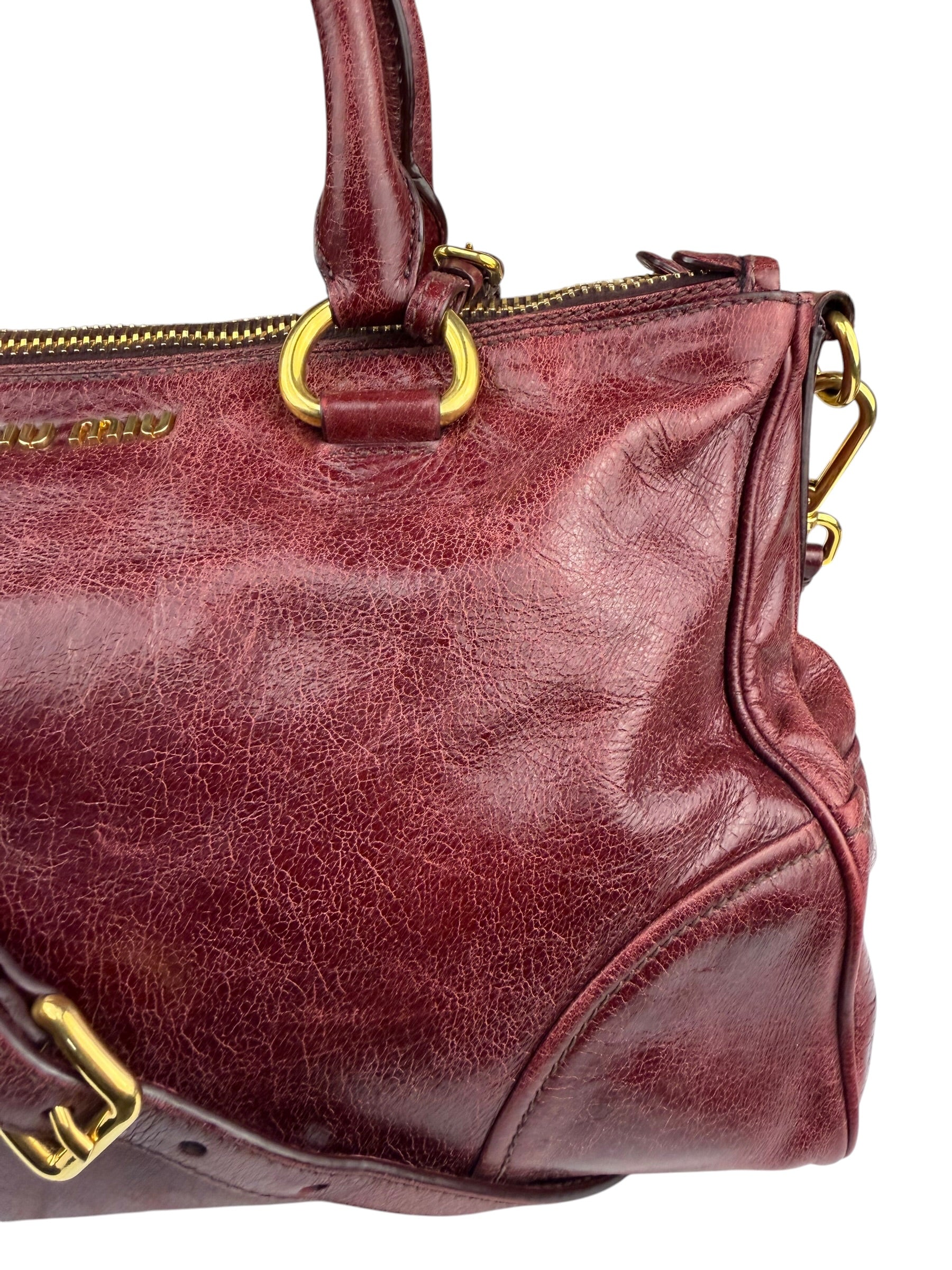 Miu Miu Amaranth Vitello Shine Leather Double Zip 2Way Handbag