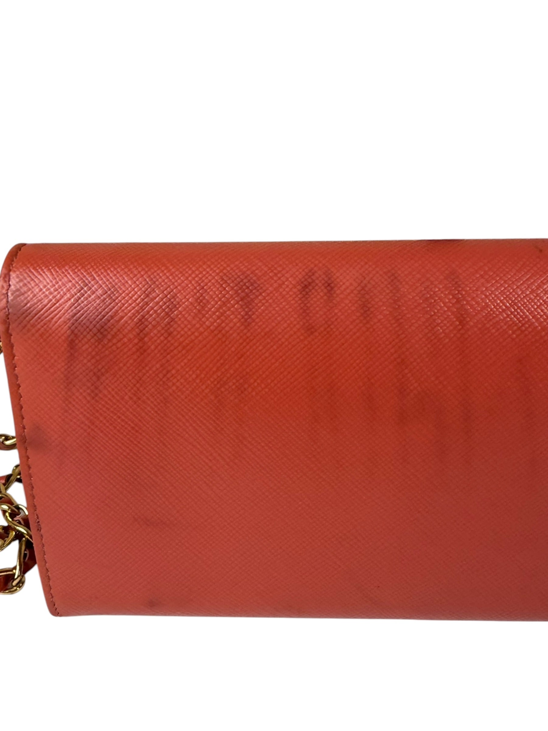 Prada Coral-Red Saffiano Leather Wallet On Chain