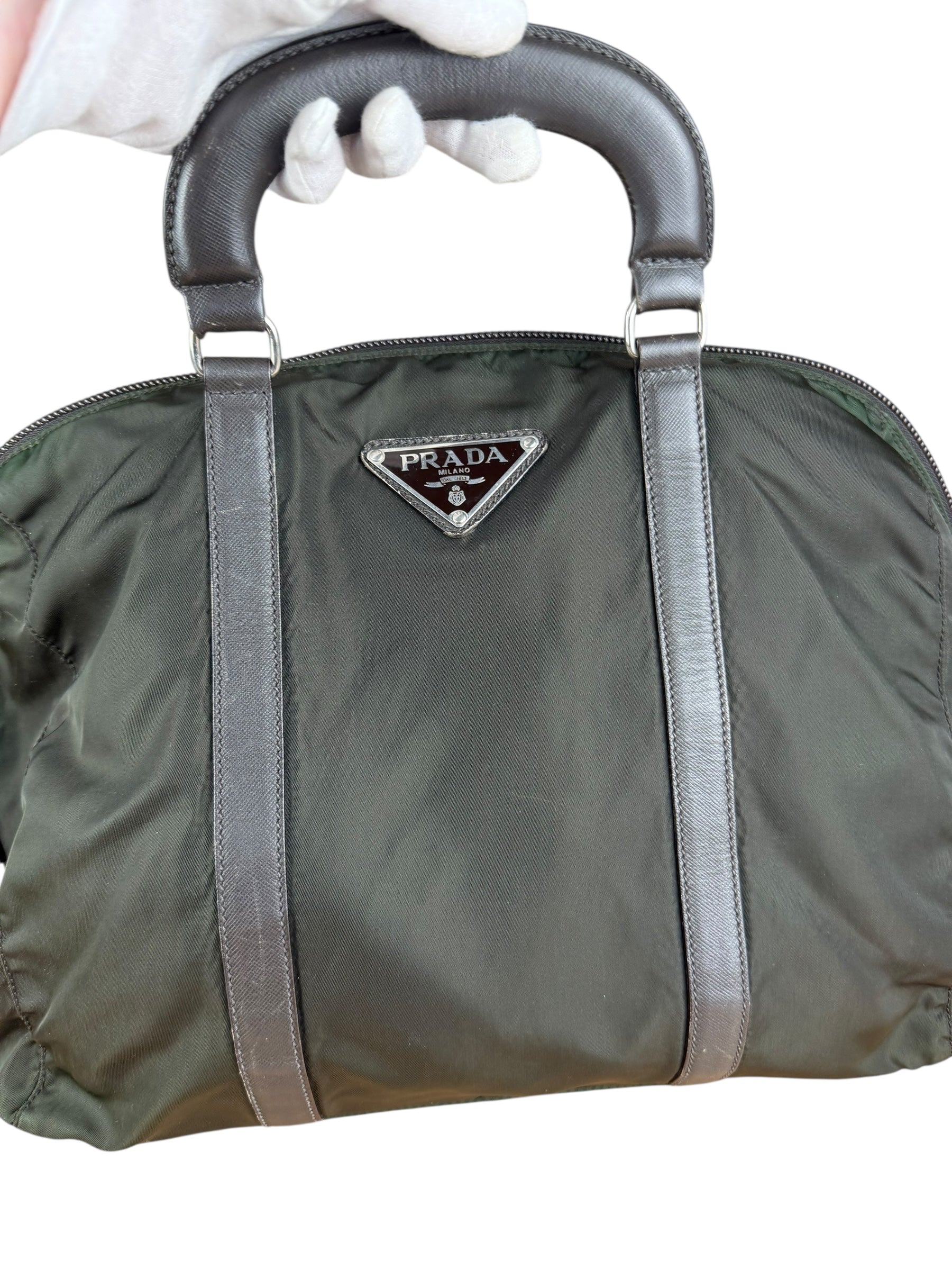 Prada Vintage Green Nylon Top Handle Bowler Bag