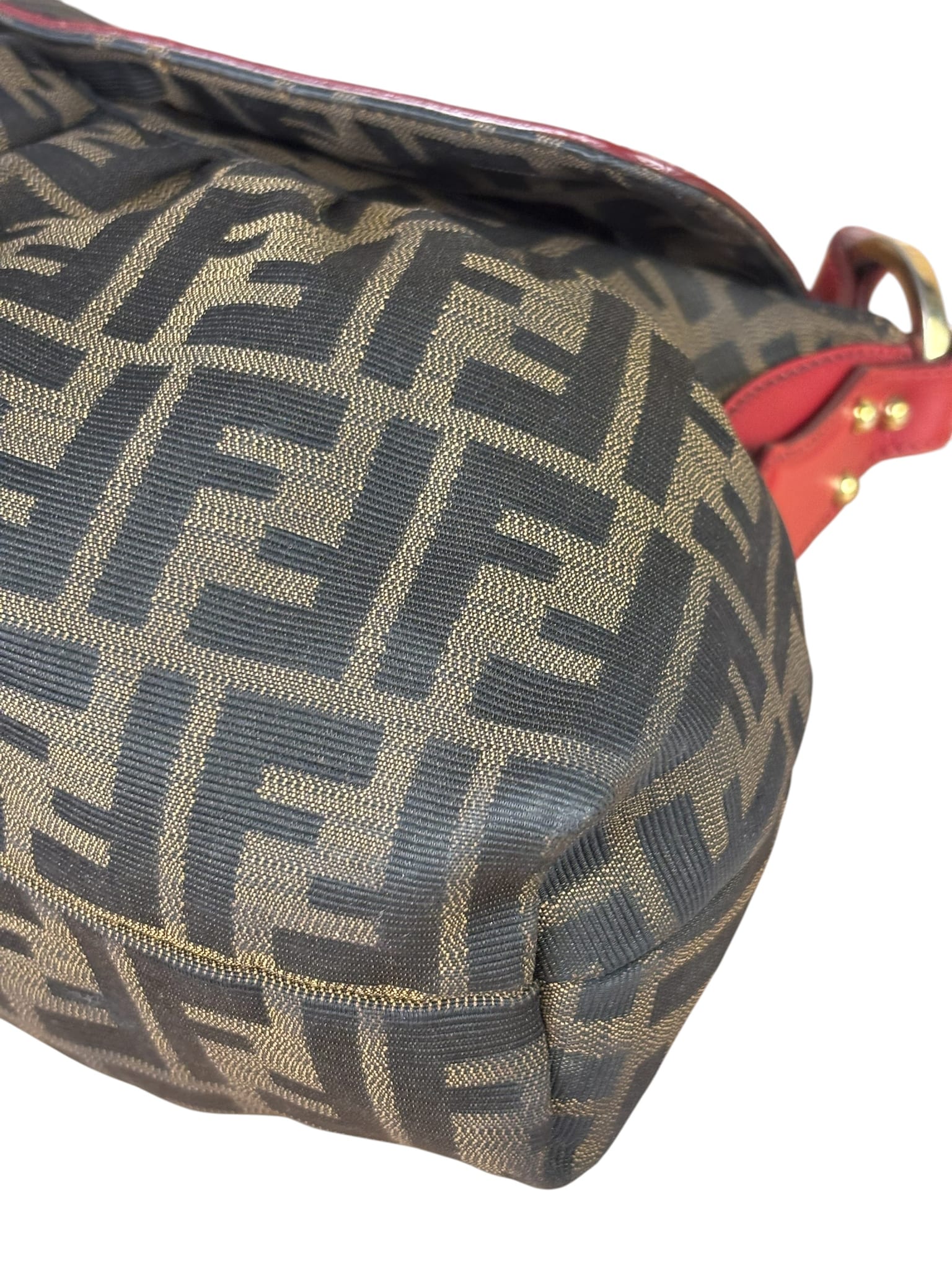 Fendi Beige/Red Leather Trim Zucca Chef Flap Bag
