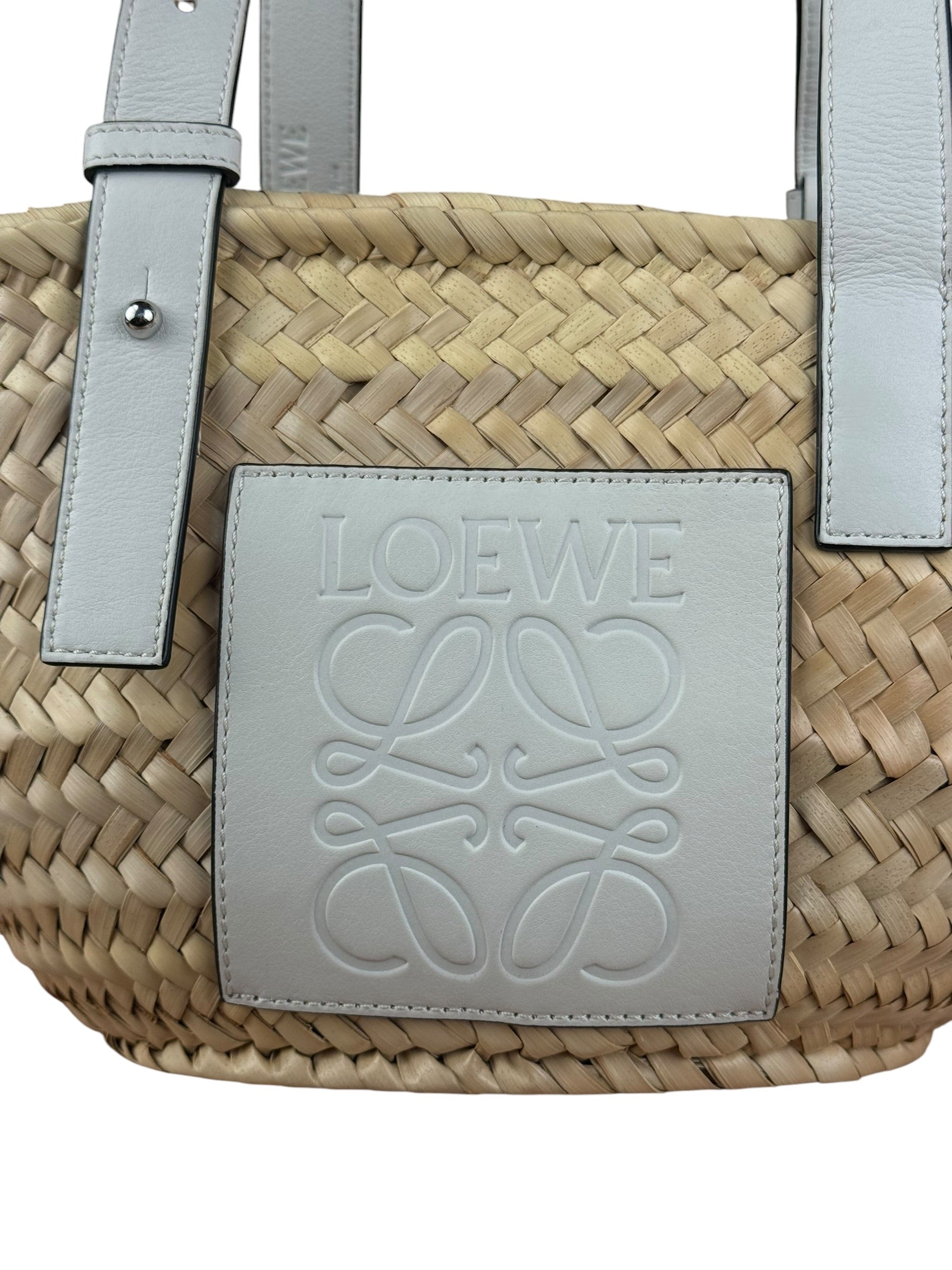 Loewe White Leather Raffia Basket Bag