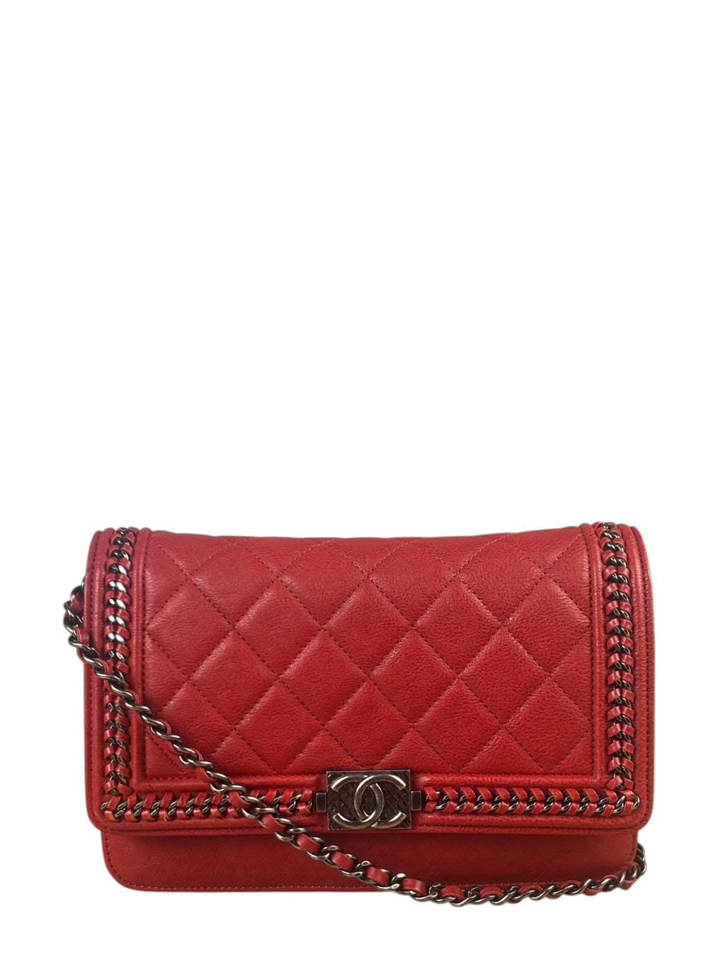 Chanel Red Quilted Lambskin Boy Flap Wallet On Chain 2012