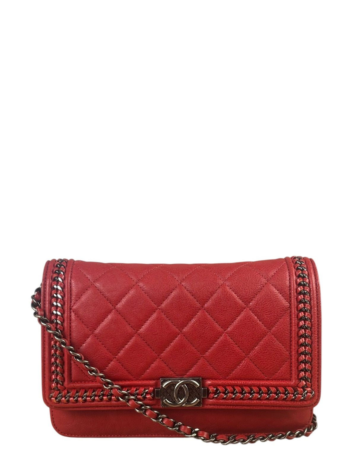 Chanel Red Quilted Lambskin Boy Flap Wallet On Chain 2012