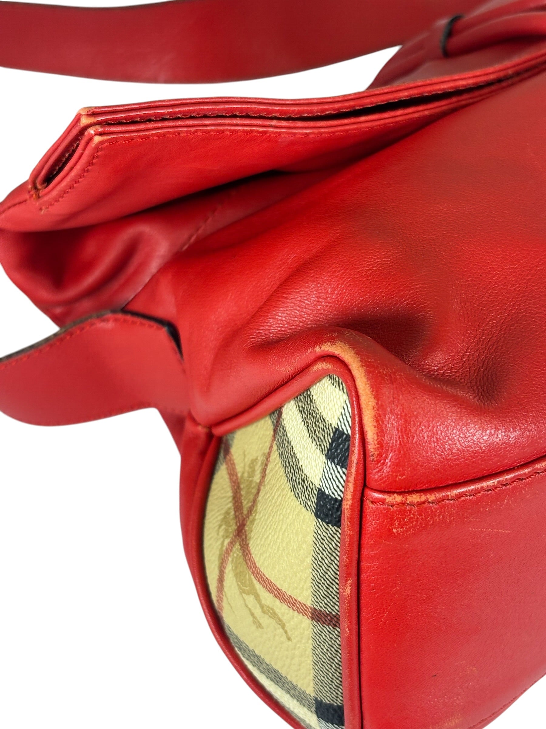 Burberry Red Leather Haymarket Check Shoulder Bag