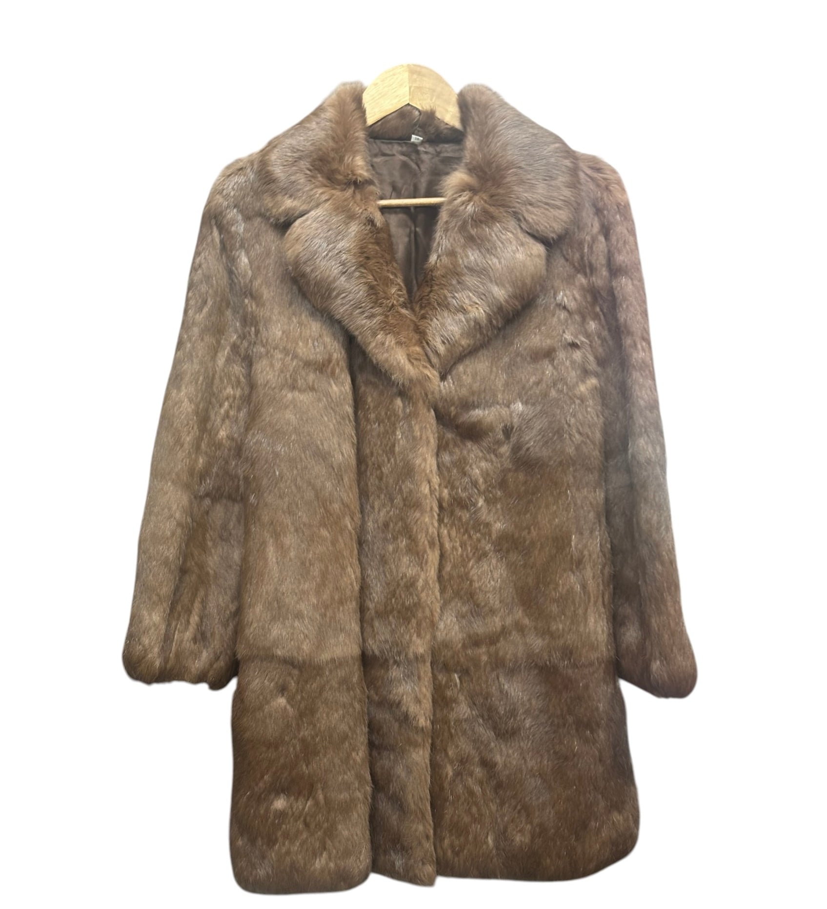 Vintage Brown French Rabbit Fur & Acetate Satin Long Coat