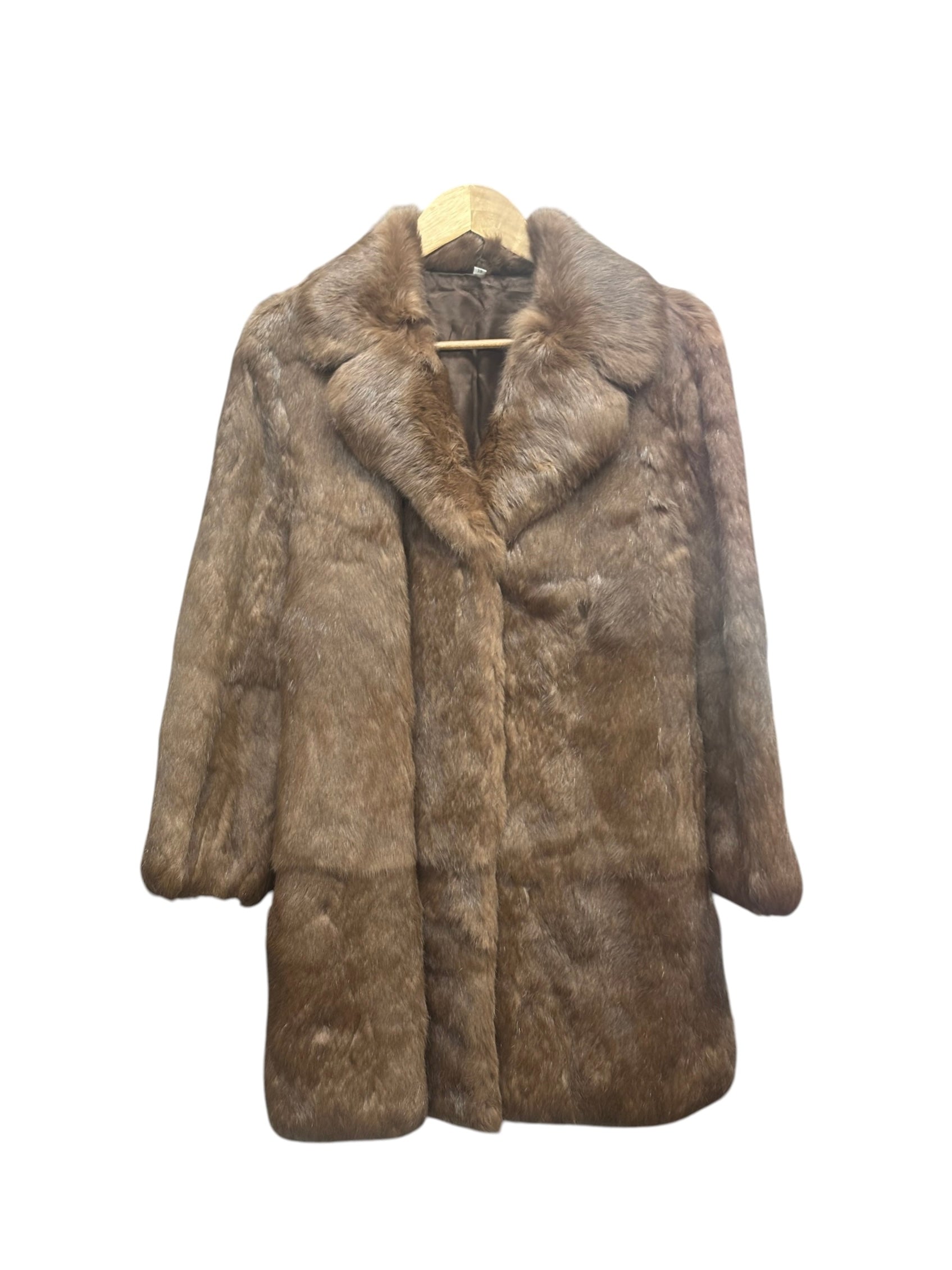 Vintage Brown French Rabbit Fur & Acetate Satin Long Coat