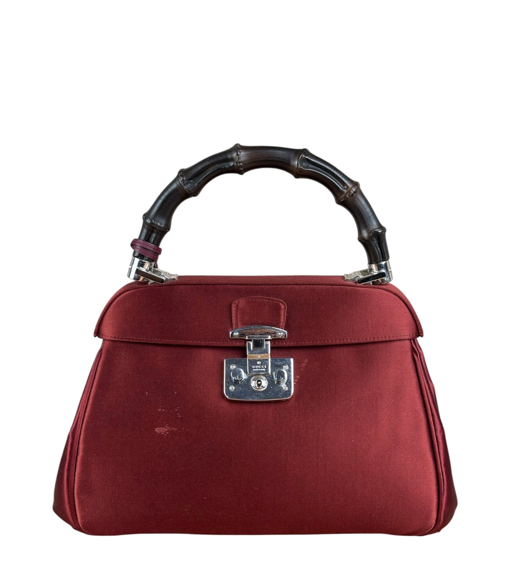 Gucci Burgundy Satin Bamboo Top Handle Bag