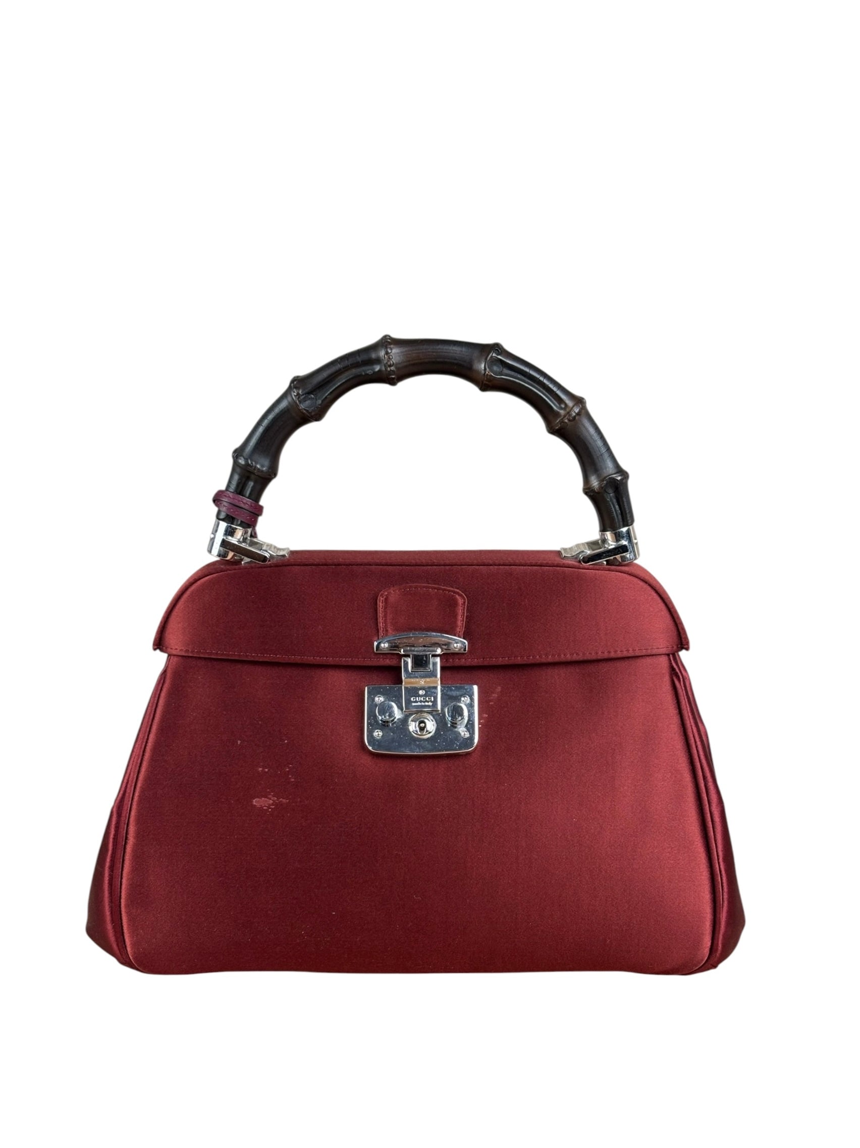 Gucci Burgundy Satin Bamboo Top Handle Bag