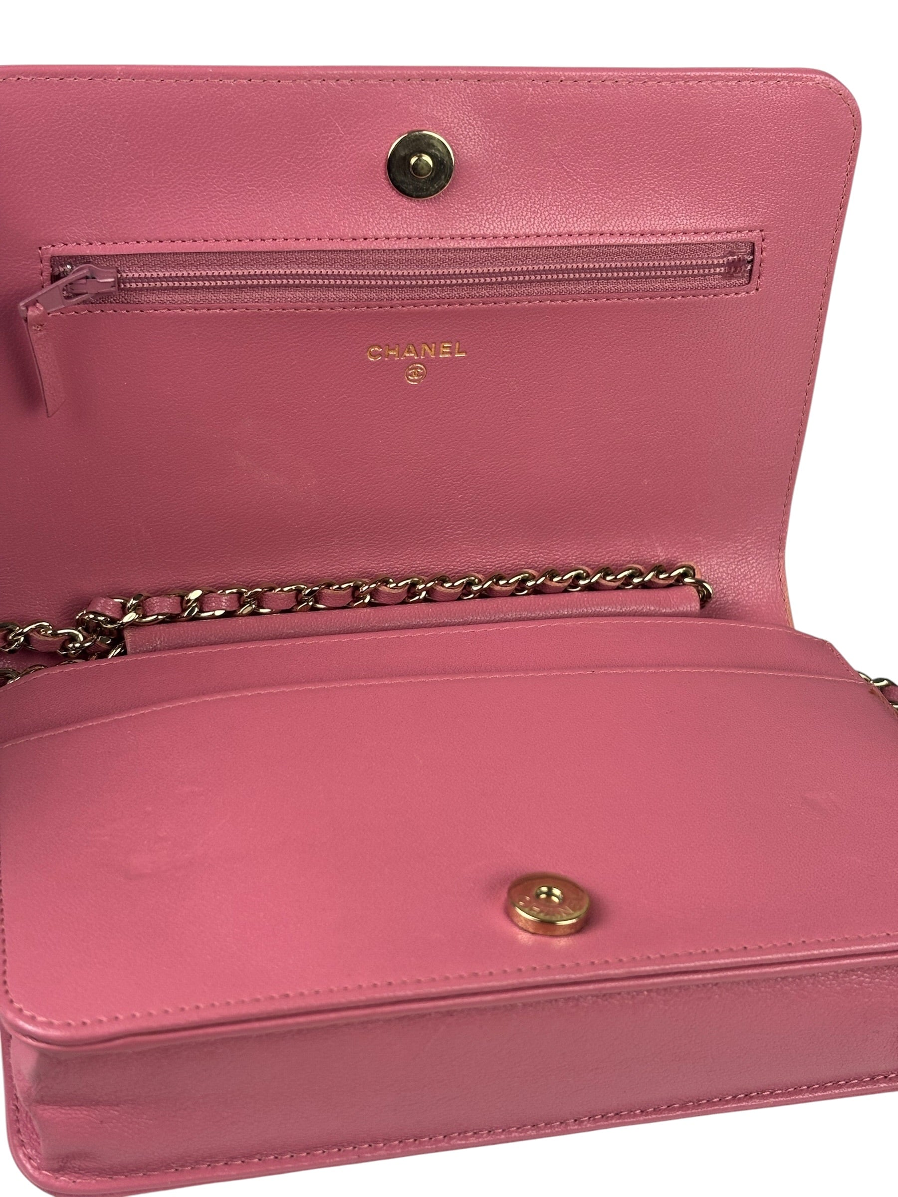 Chanel Pink Lambskin Mademoiselle Flap Wallet On Chain 2018
