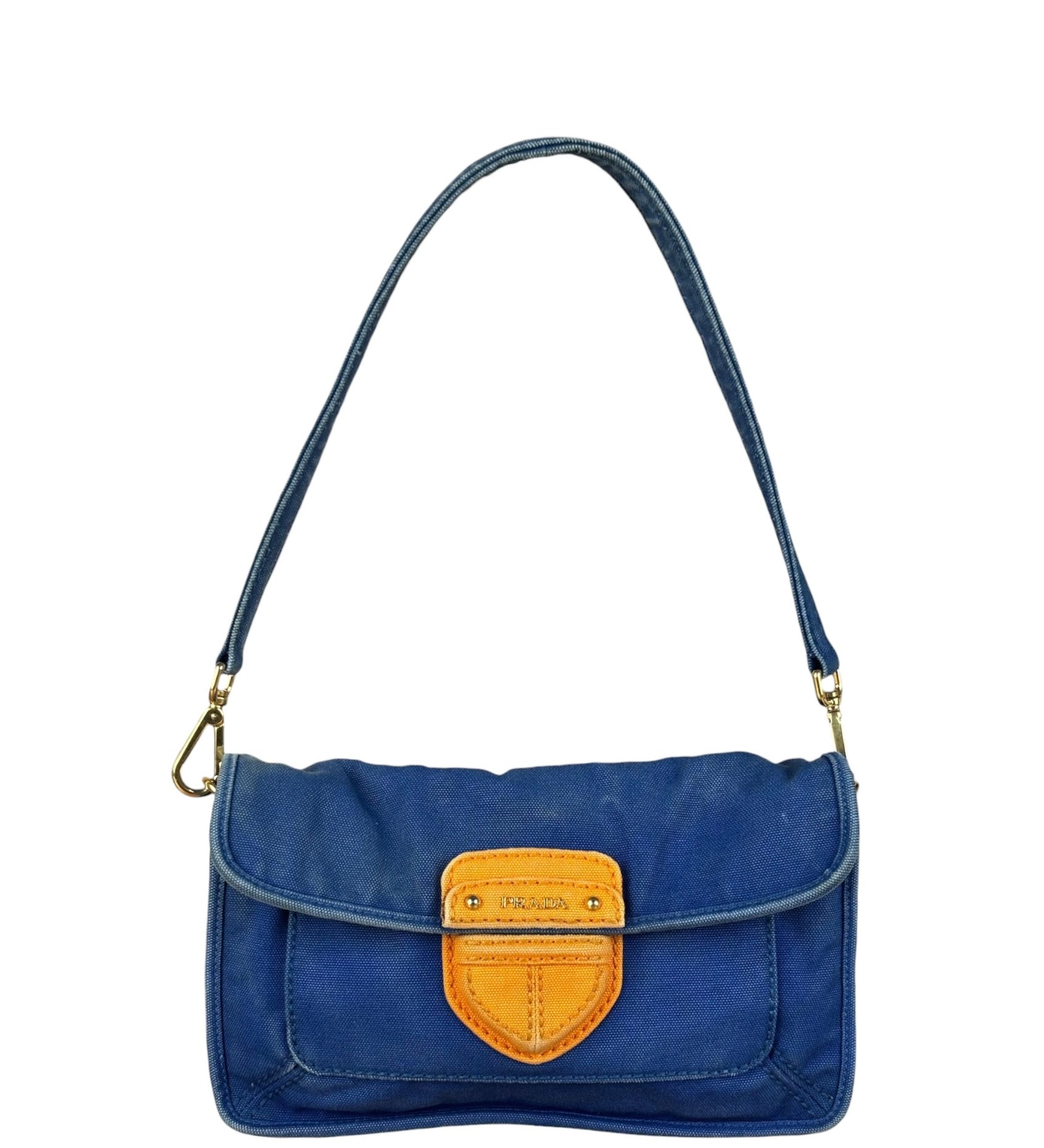 Prada Vintage Cobalt Blue Canvas Flap Shoulder Bag