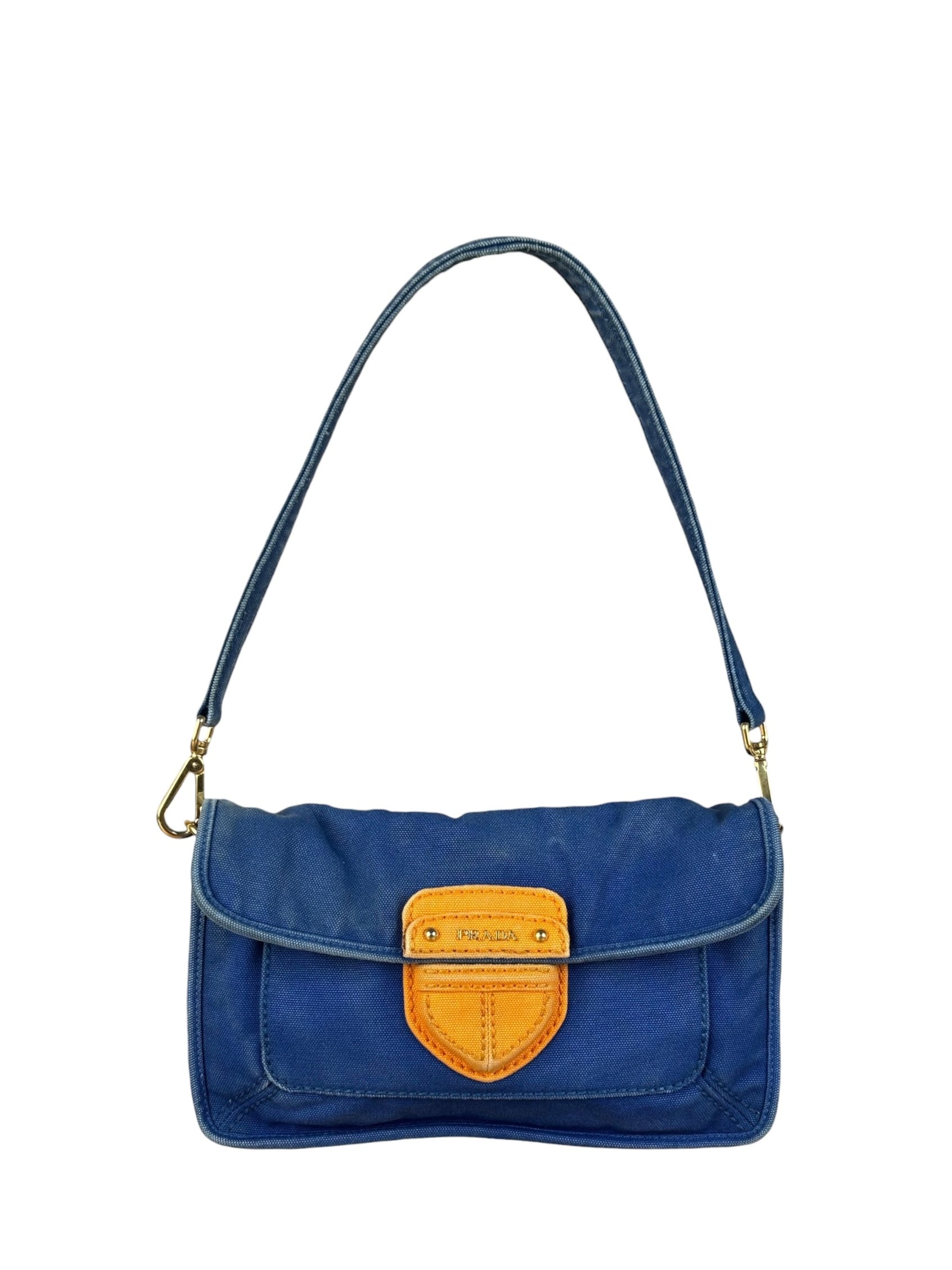 Prada Vintage Cobalt Blue Canvas Flap Shoulder Bag