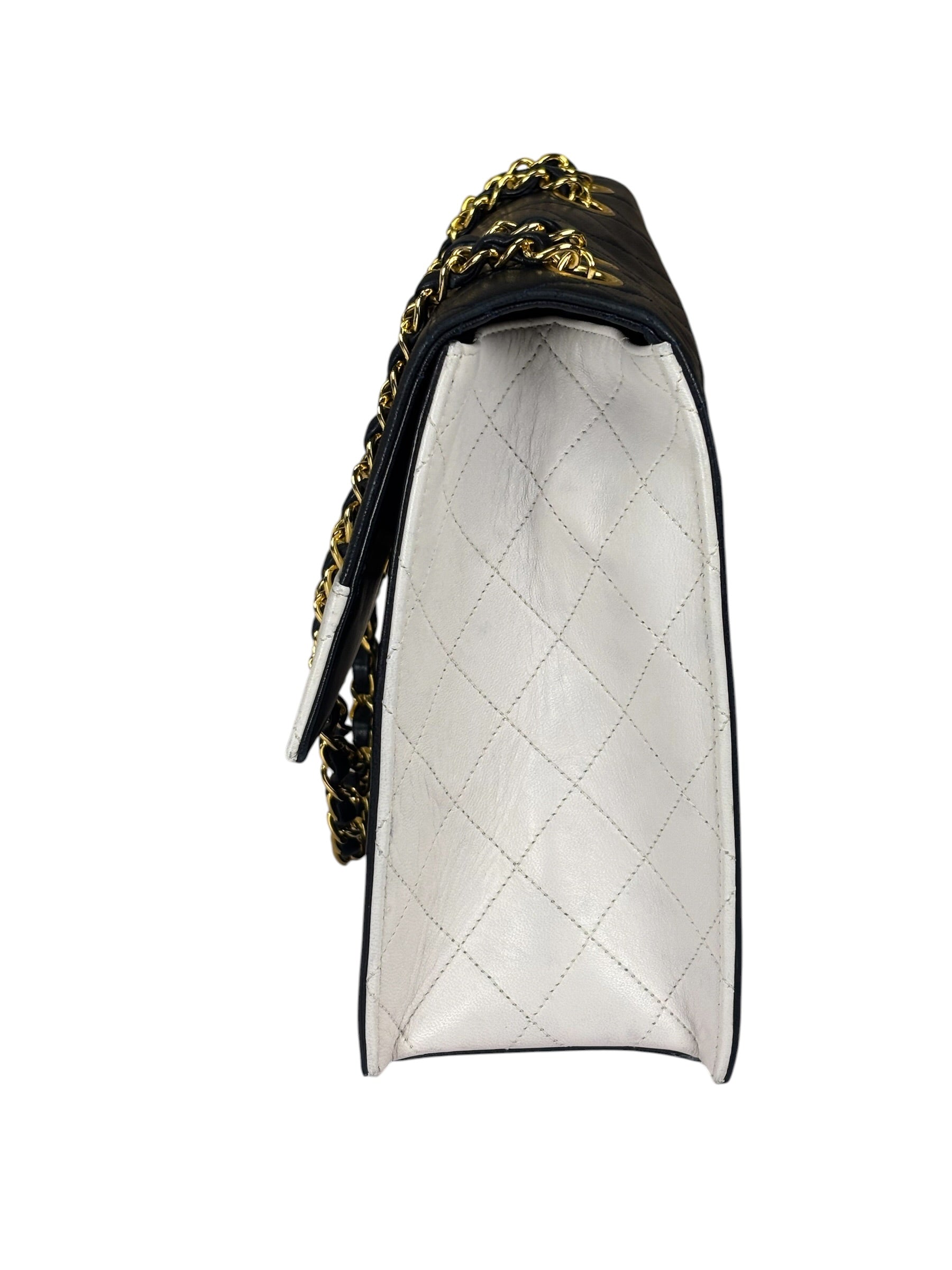 Chanel Vintage White/Black Quilted Lambskin Trapezoid Flap Bag 1990's