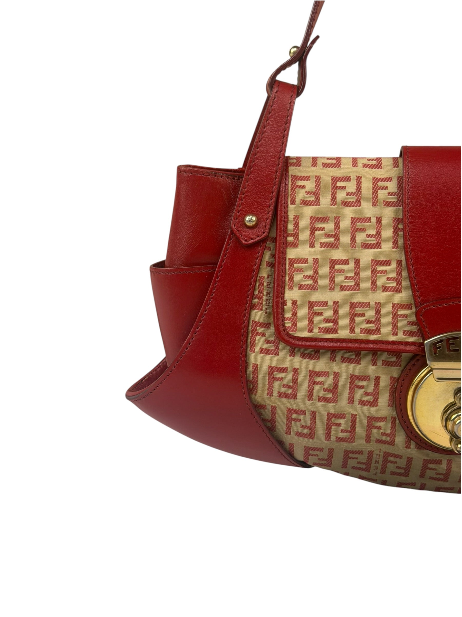 Fendi Red Leather Trim Zucca Compliation Shoulder Bag