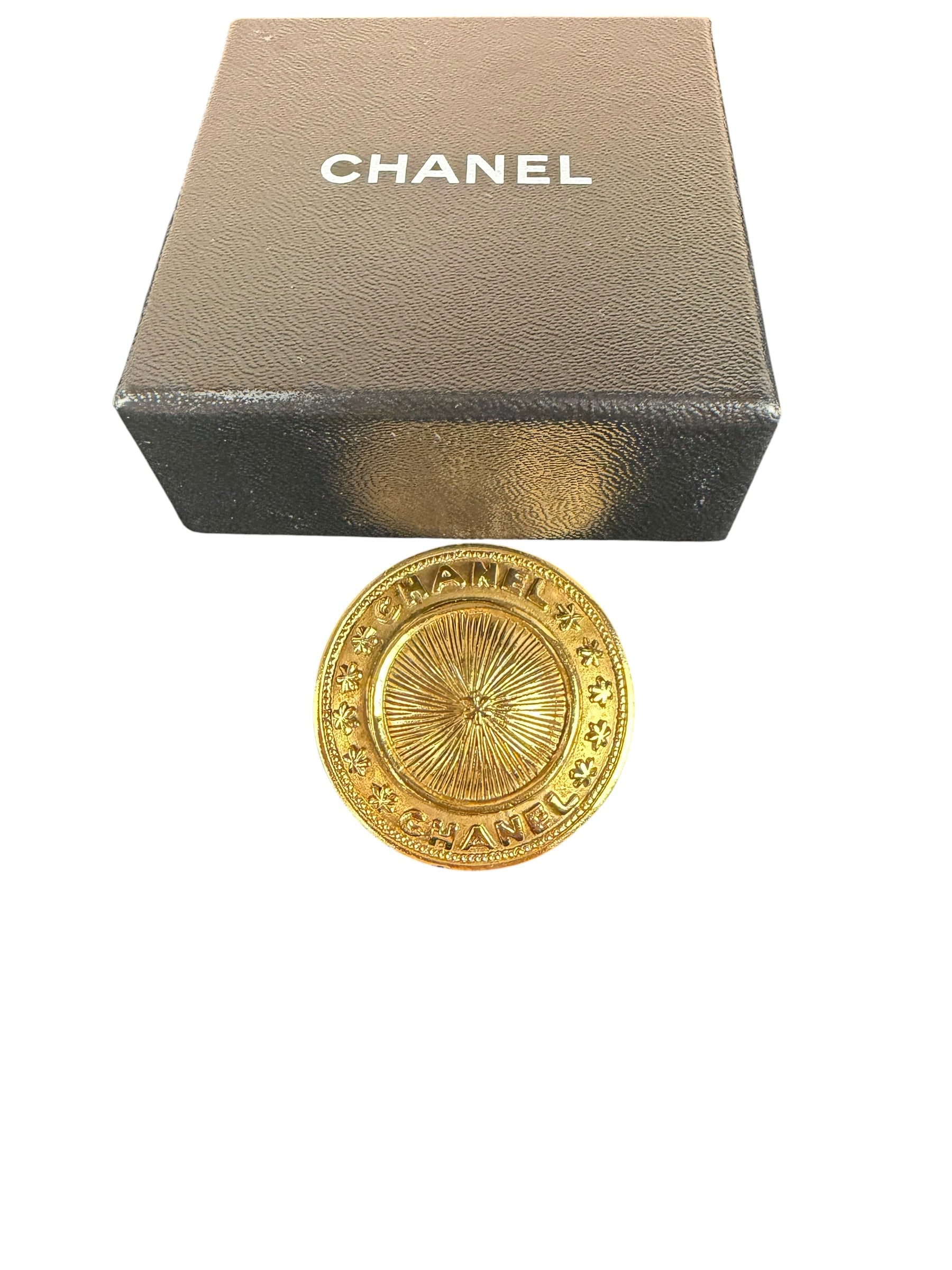 Chanel Vintage Gilded Sunburst Medalliion Button Brooch 1980s