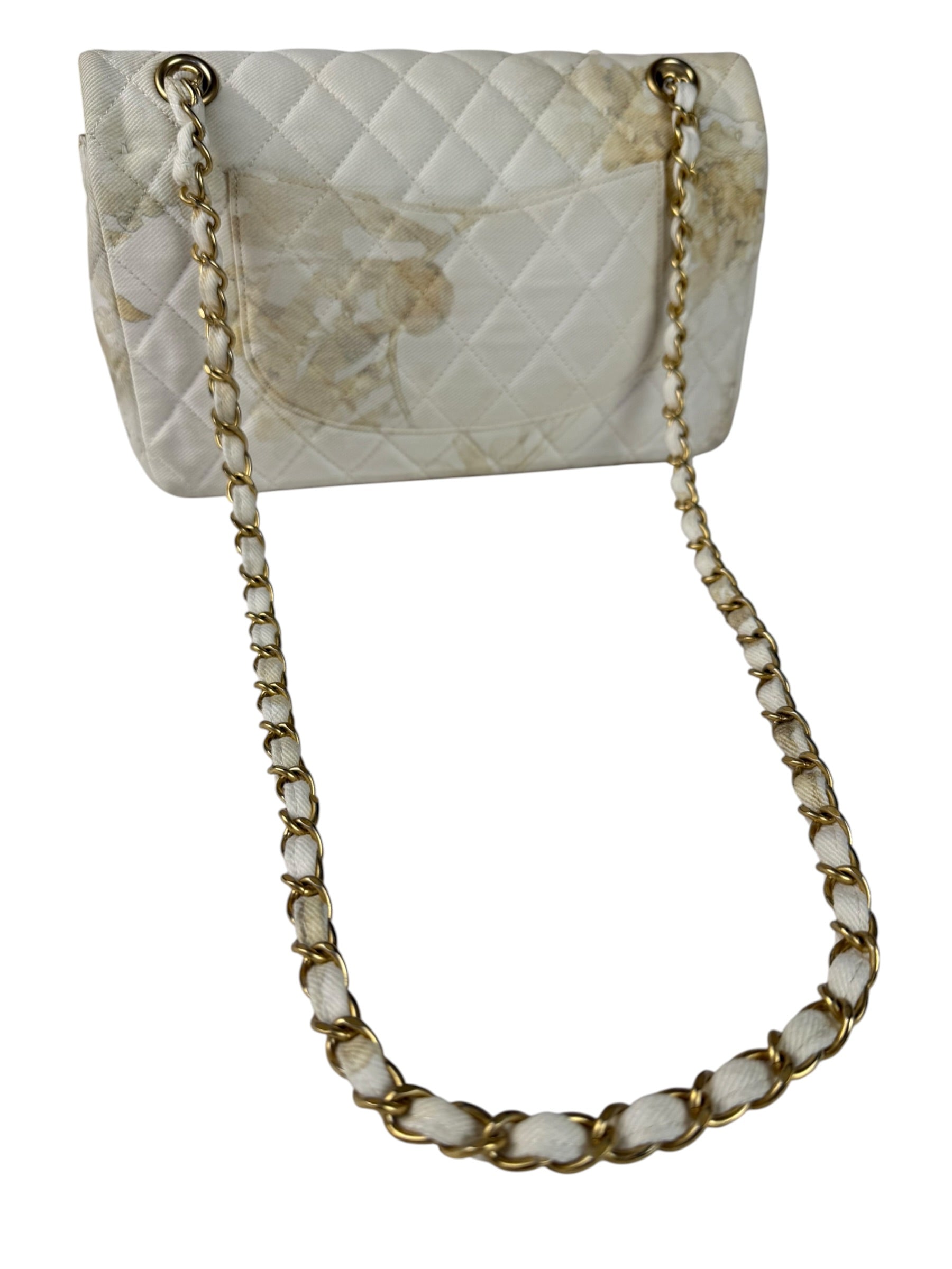 Chanel White Denim/Leather Trim Greek Collection Flower Double Flap Bag 2018