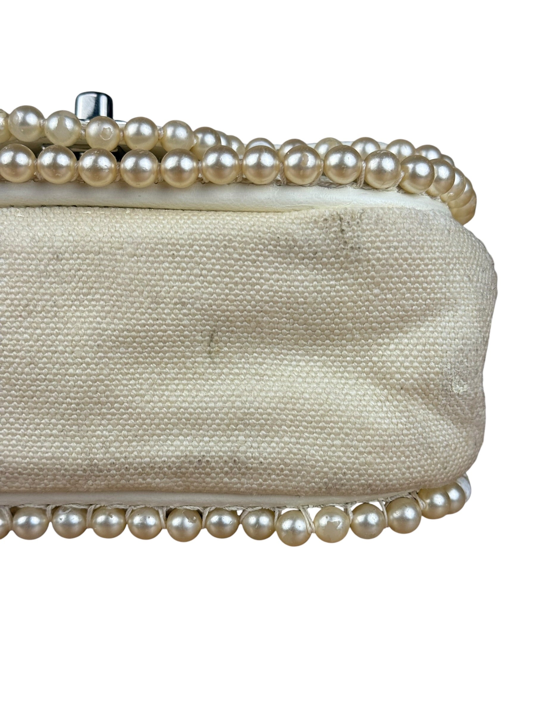 Chanel White Leather/Canvas Pearl Crossbody Flap 2003
