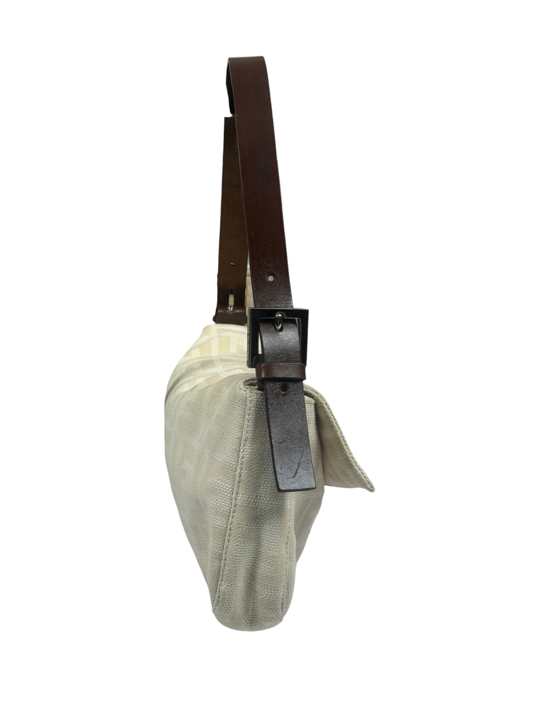 Fendi Cream/Brown Leather Trim Zucca Baguette