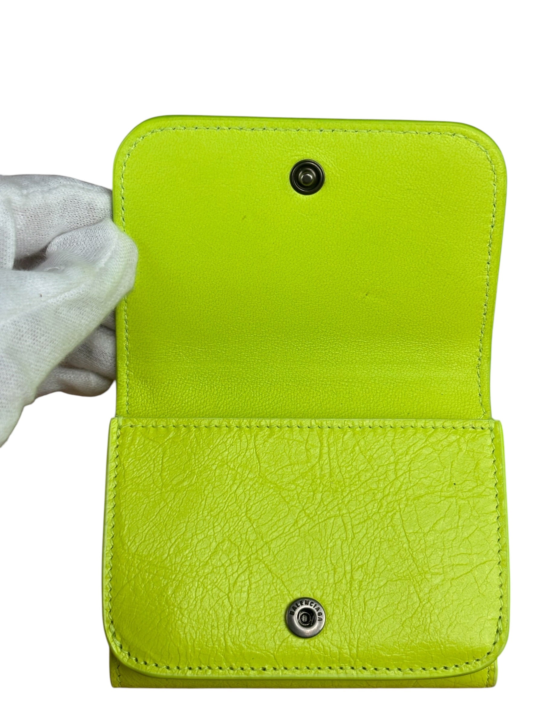 Balenciaga Fluo Neon Yellow Leather Cash Trifold Mini Wallet