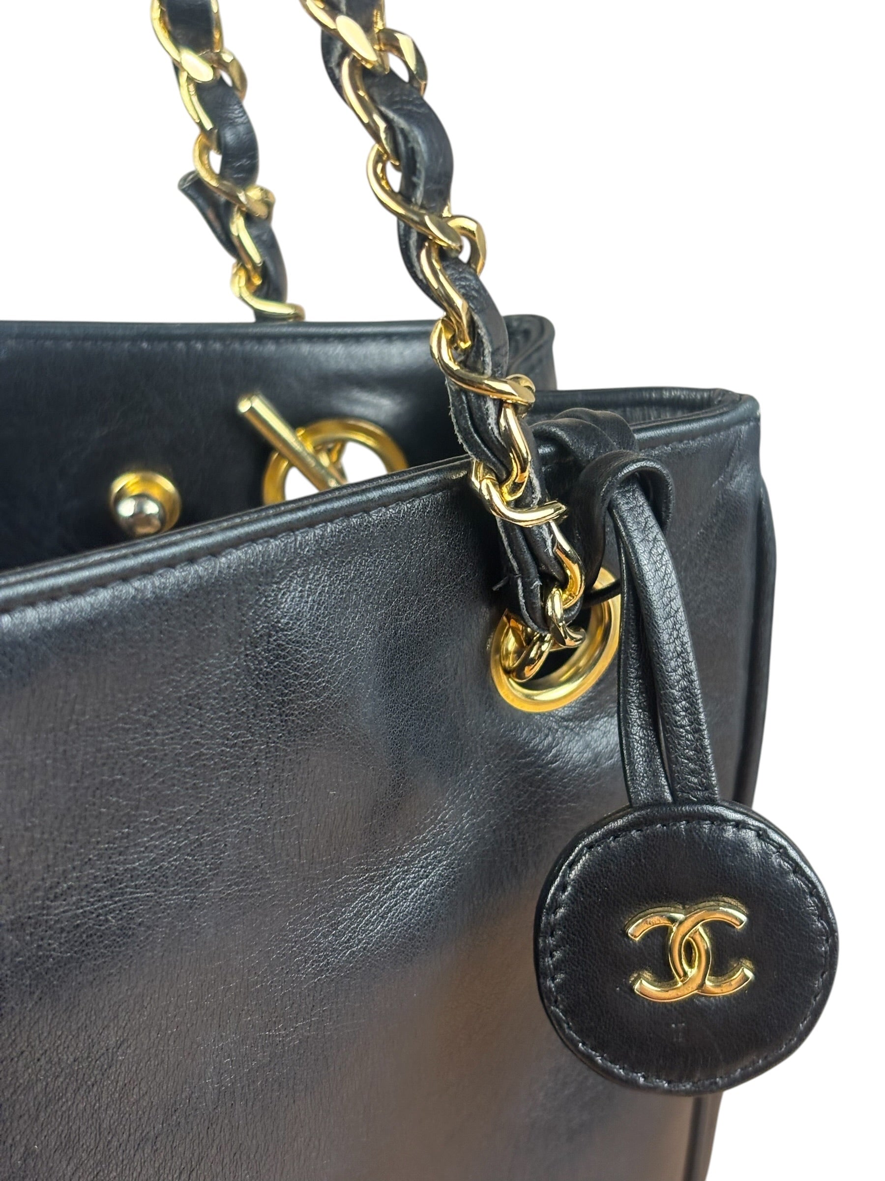 Chanel Vintage Black Leather Quilted Bottom Chain Tote Bag 1987