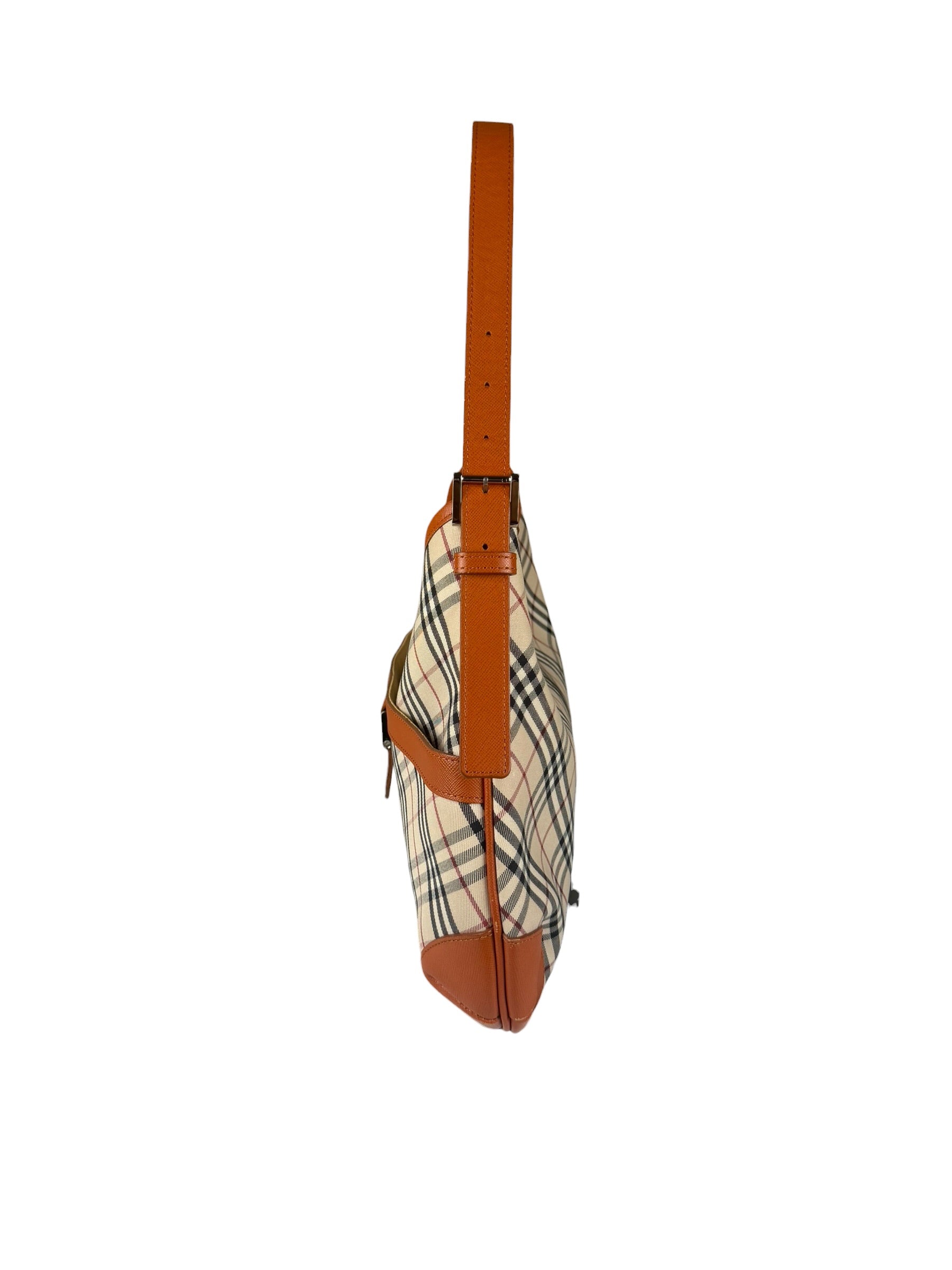Burberry Orange Leather Trim Nova Check Hobo Bag