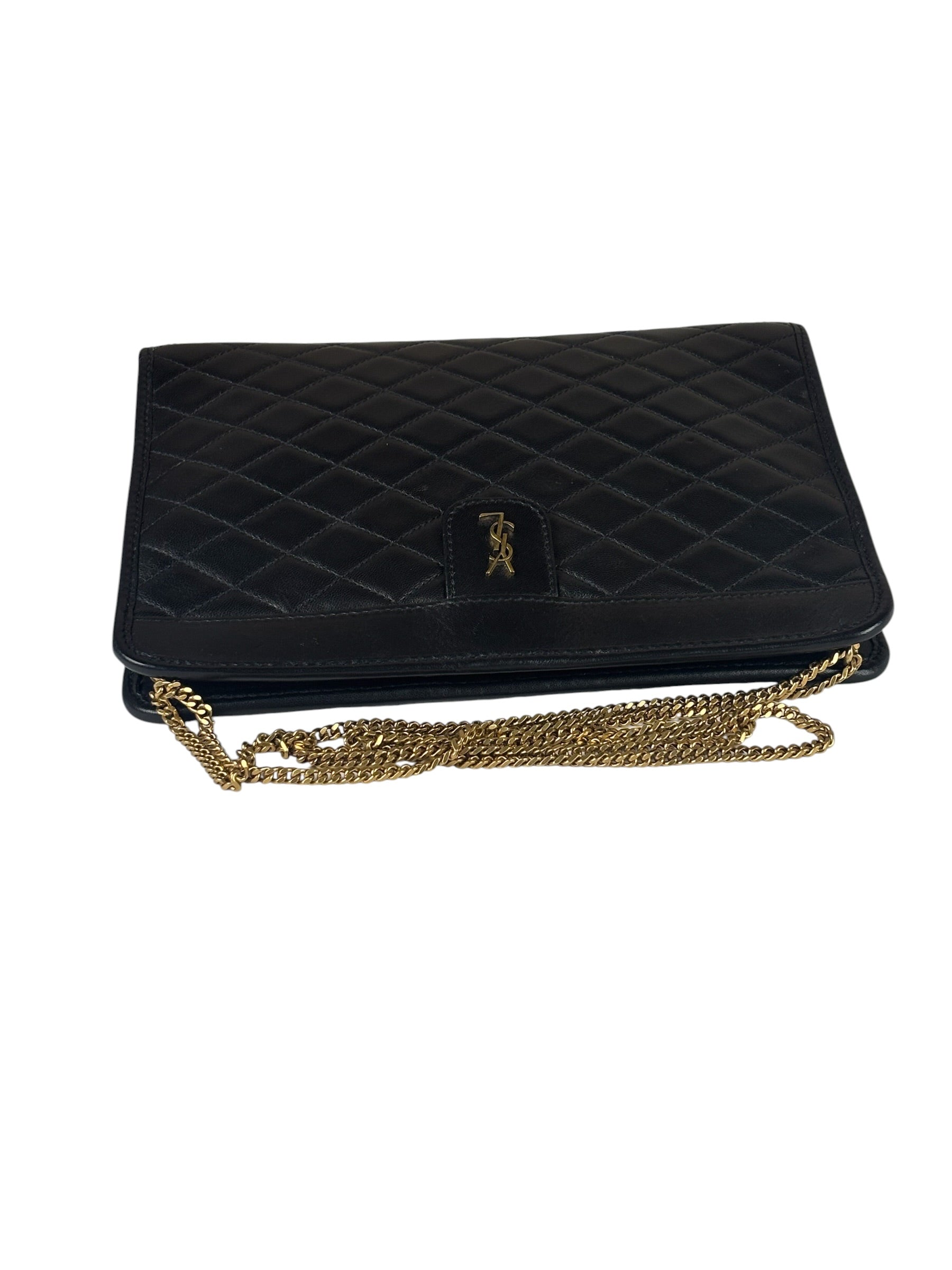 YSL Black Leather Baby Victoire Chain Clutch