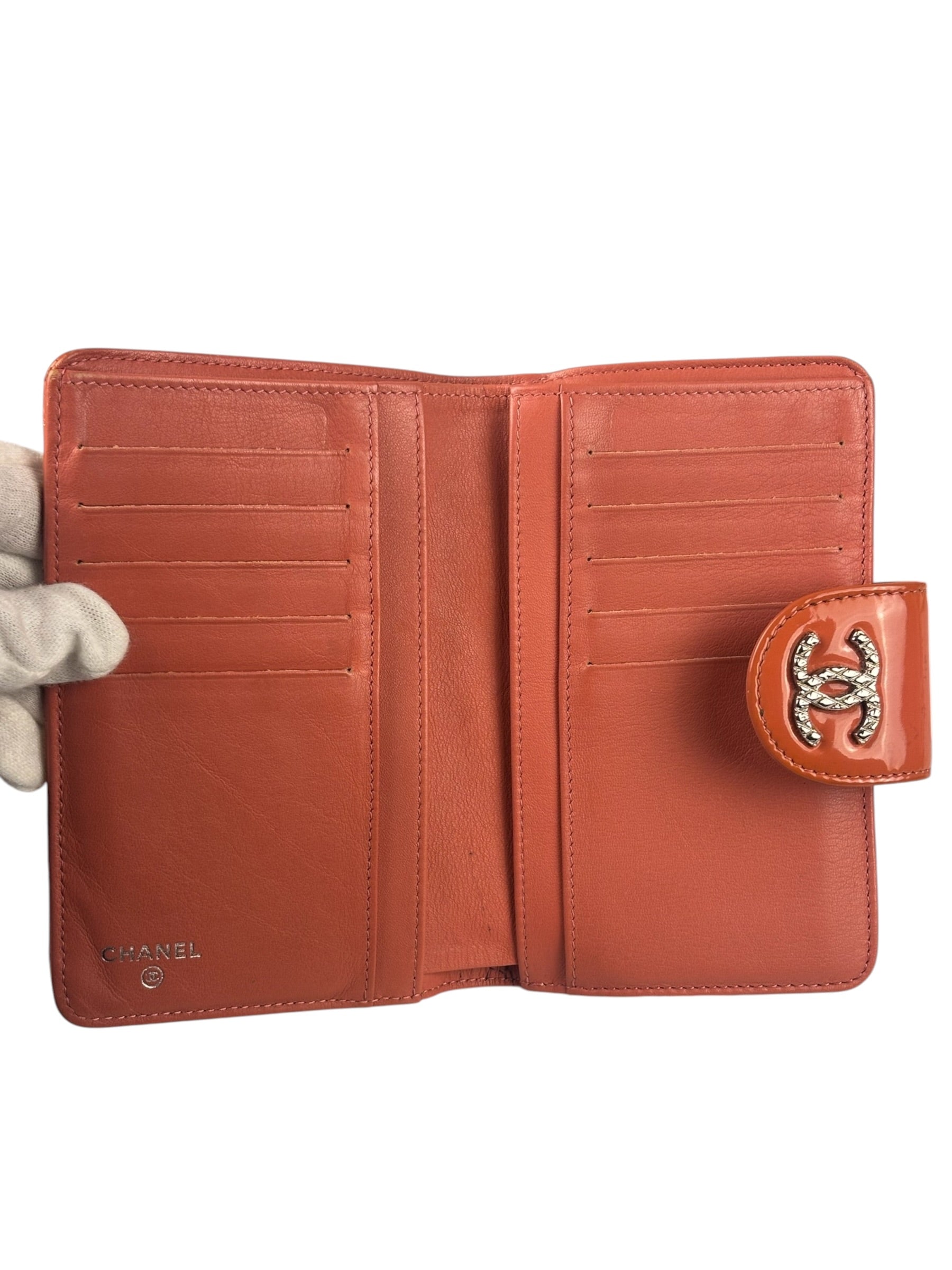 Chanel Peach Patent Quilted Compact Zip Wallet 2011
