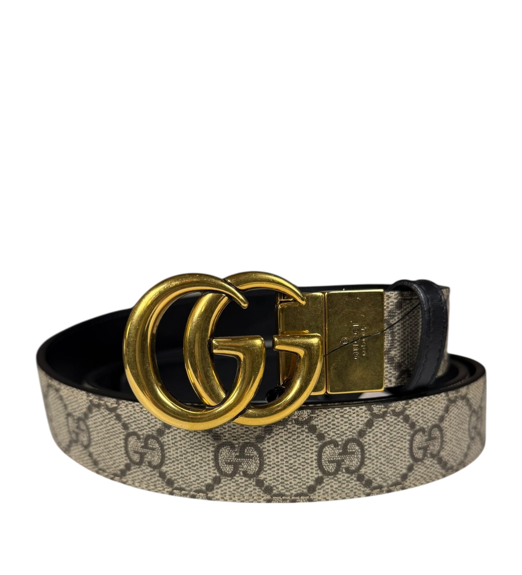 Gucci Belt Reversible GG Supreme/Black Gold Toned Hardware