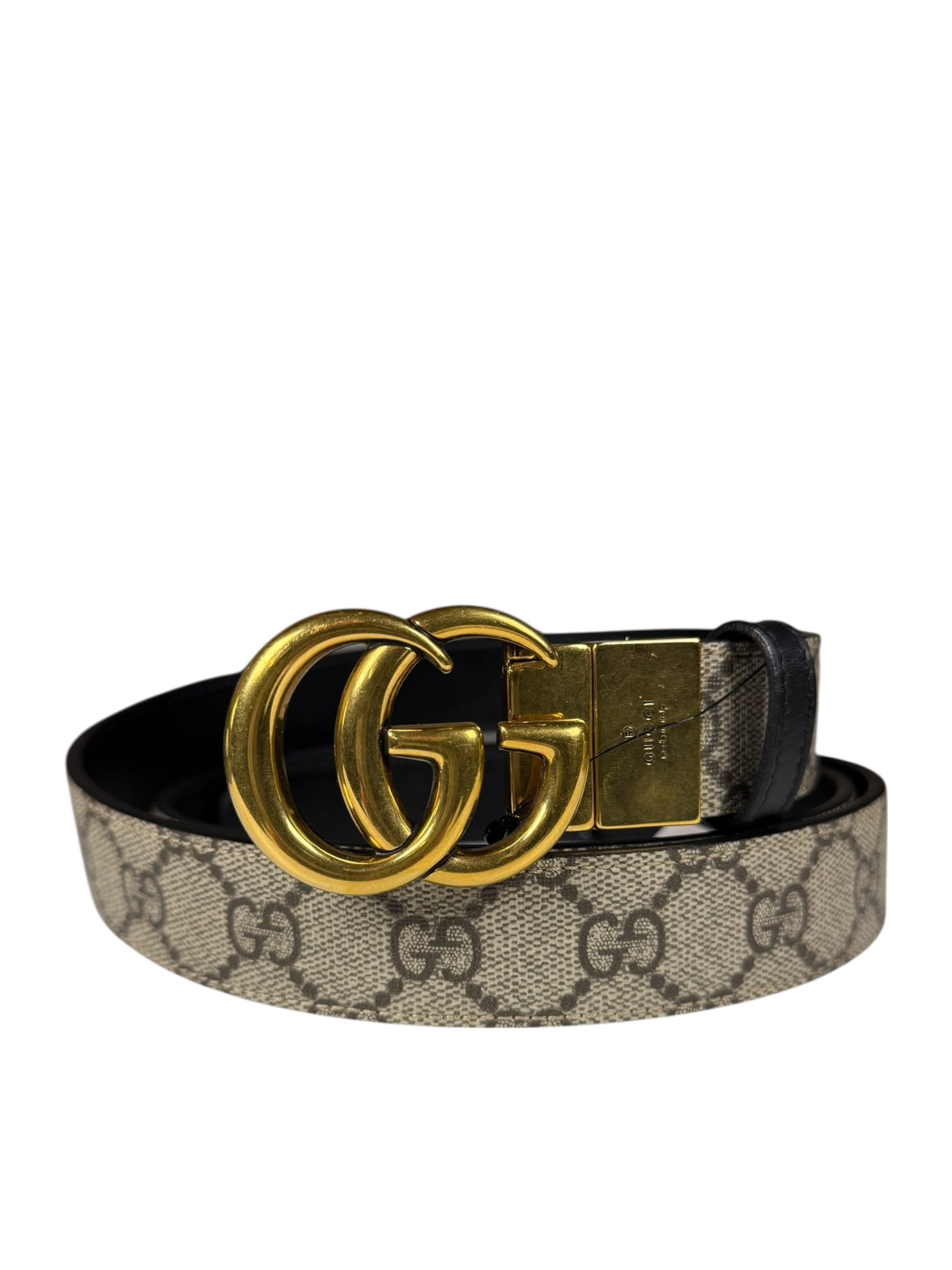 Gucci Belt Reversible GG Supreme/Black Gold Toned Hardware