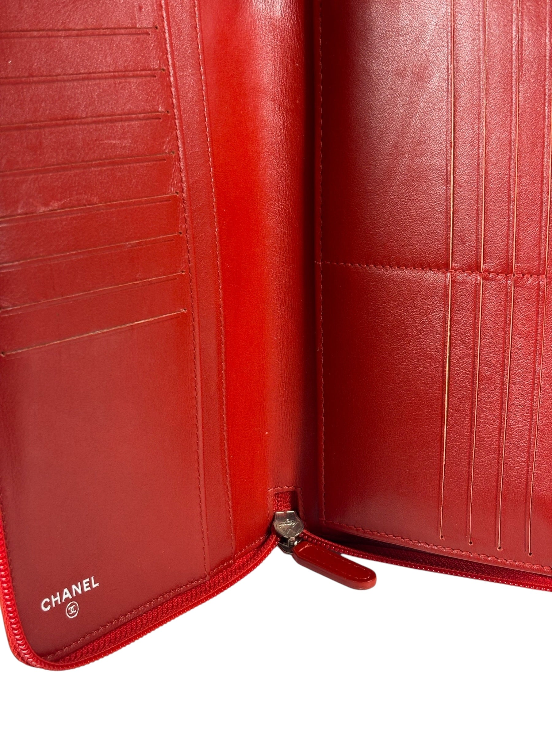 Chanel Red Patent Leather Embossed Camellia Zip-Around Wallet 2010