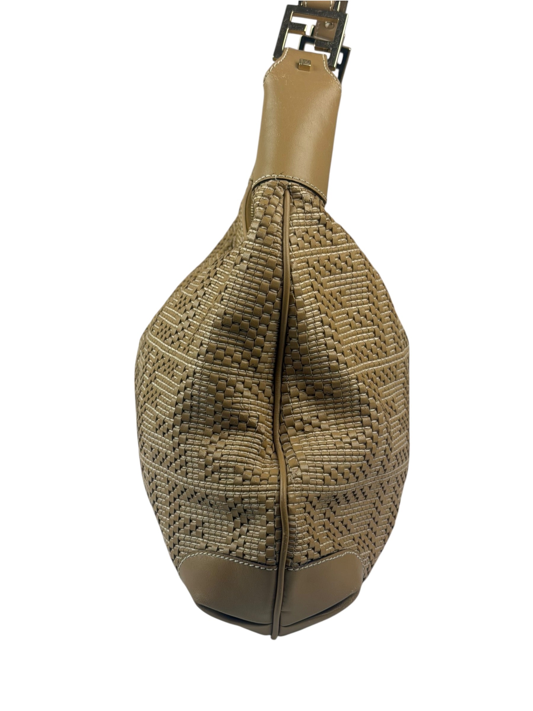 Fendi Beige Leather Trim Woven Hobo Bag