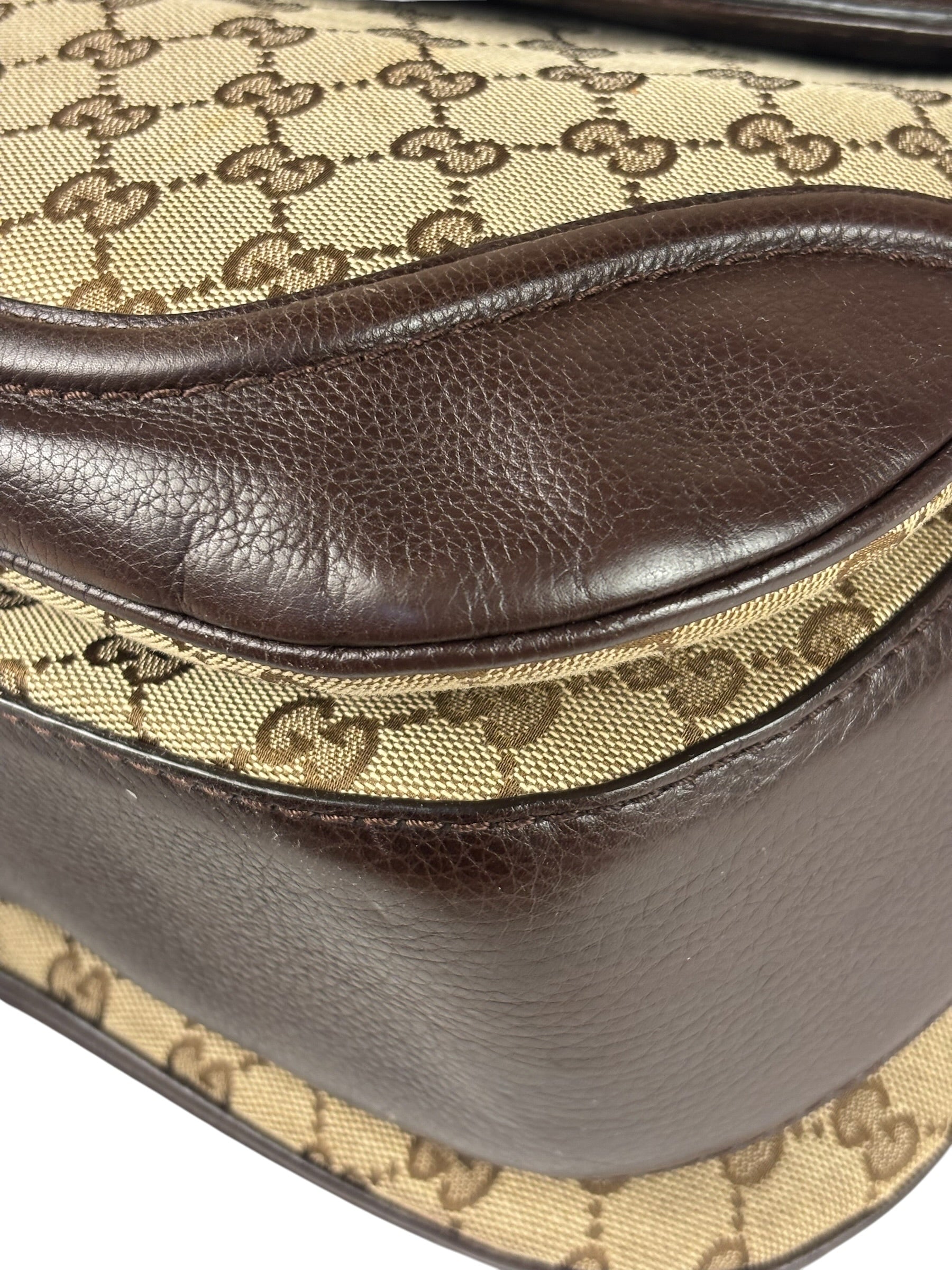 Gucci Brown Leather Trim GG Bamboo Handle Two-Way Bag