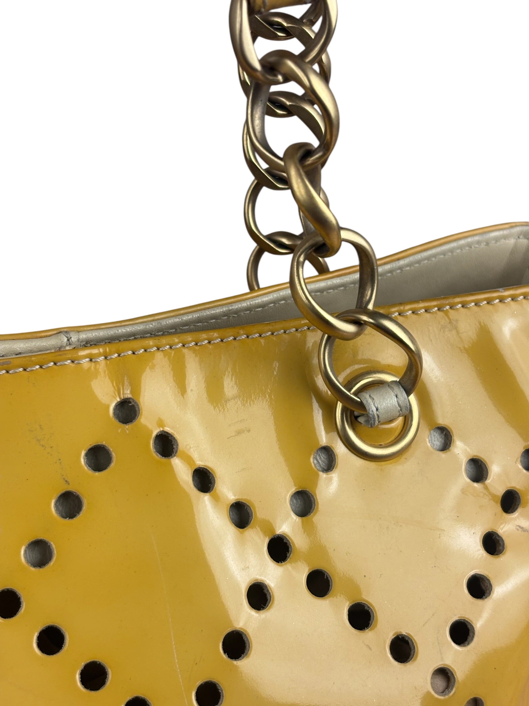 Chanel Vintage Yellow Patent Leather Perforated Tote Bag 1987