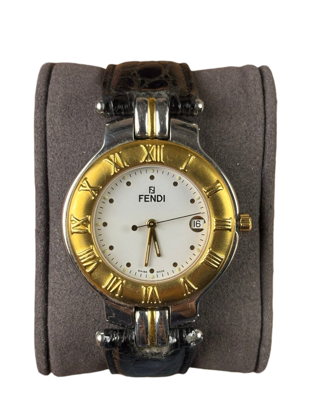 Fendi White Dial Gold Roman Bezel Black Strap