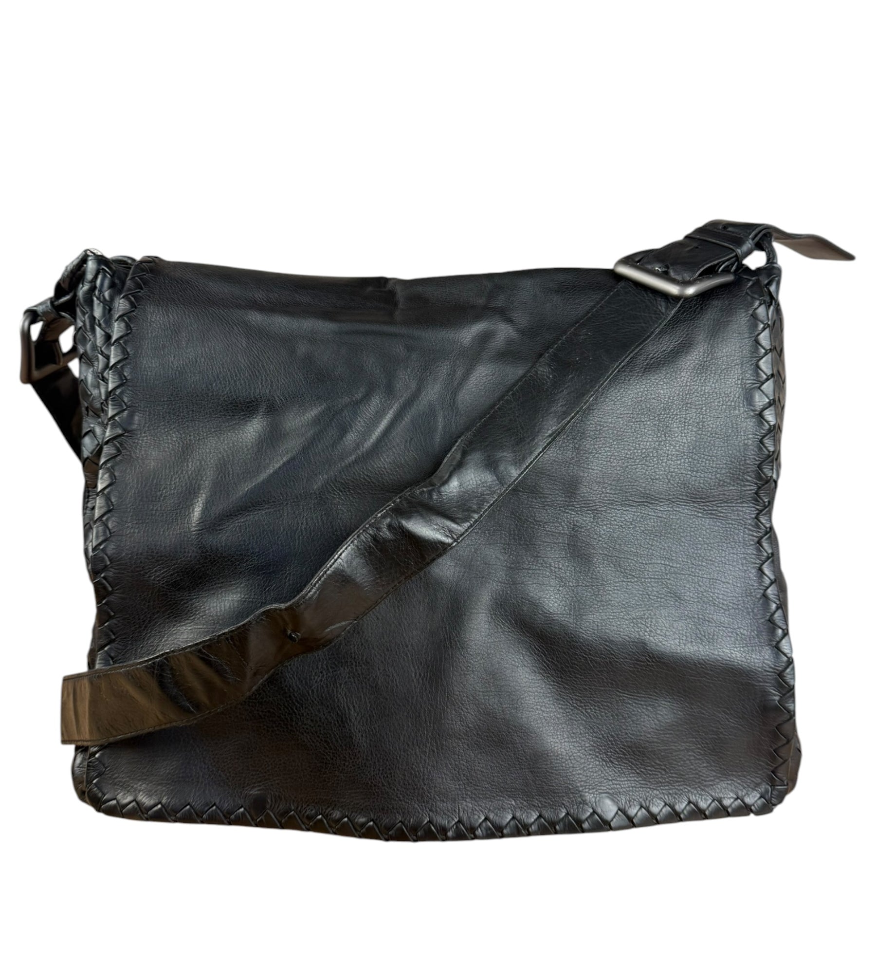 Bottega Veneta Black Intrecciato Leather Flap Messenger Bag