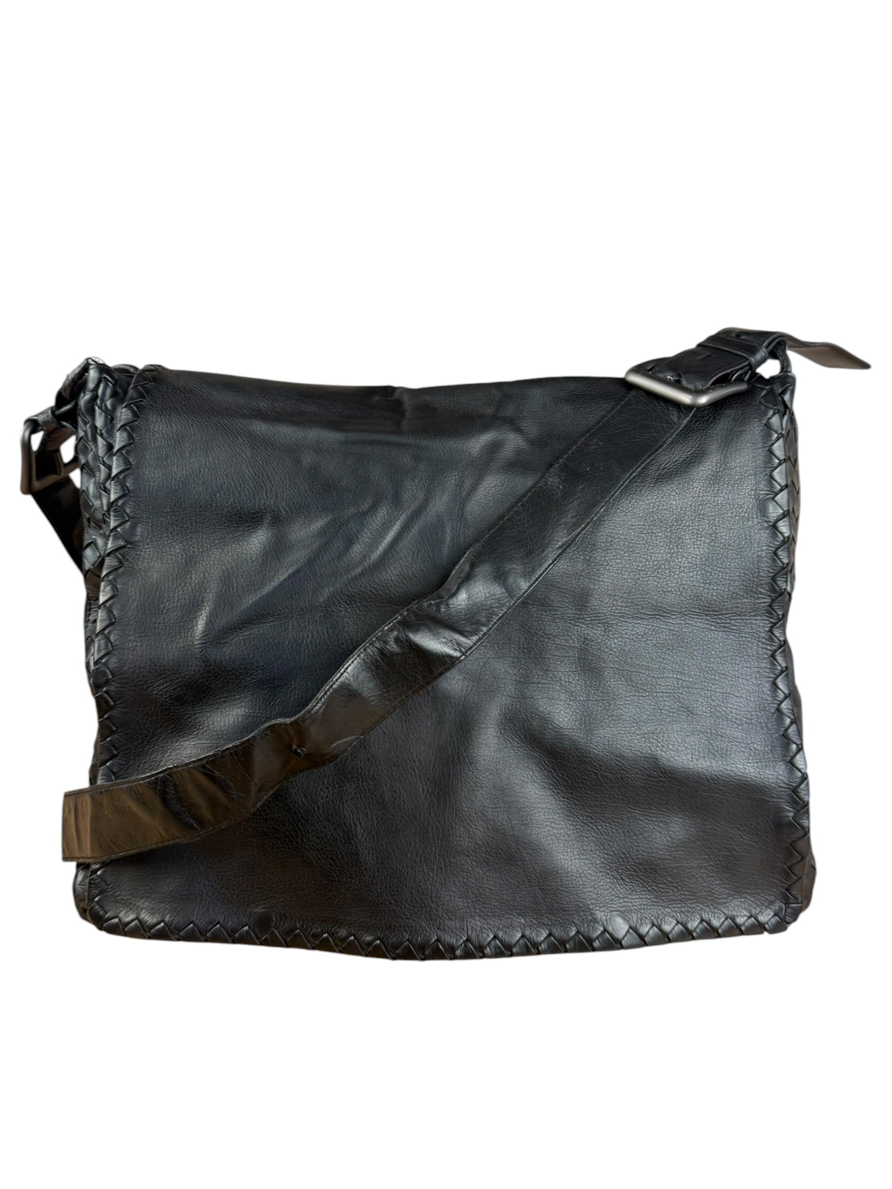 Bottega Veneta Black Intrecciato Leather Flap Messenger Bag