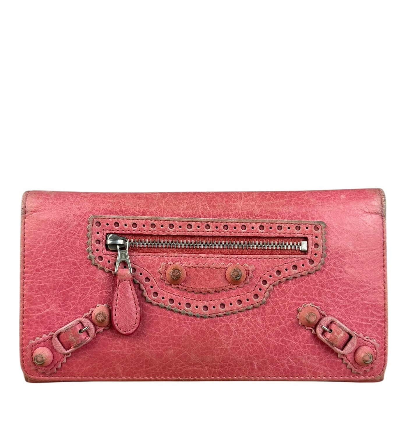 Balenciaga Pink Leather Moto Long Wallet