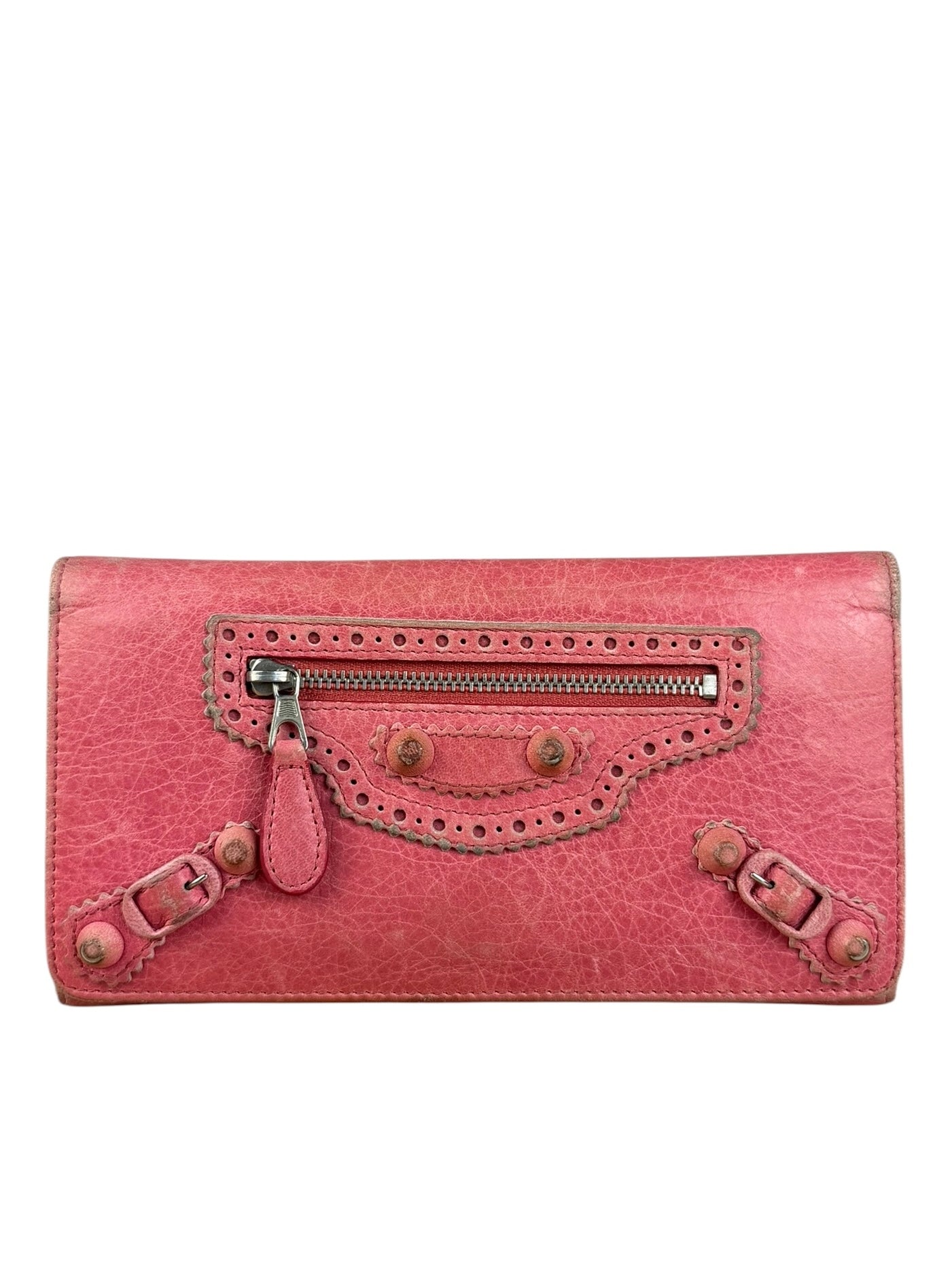 Balenciaga Pink Leather Moto Long Wallet