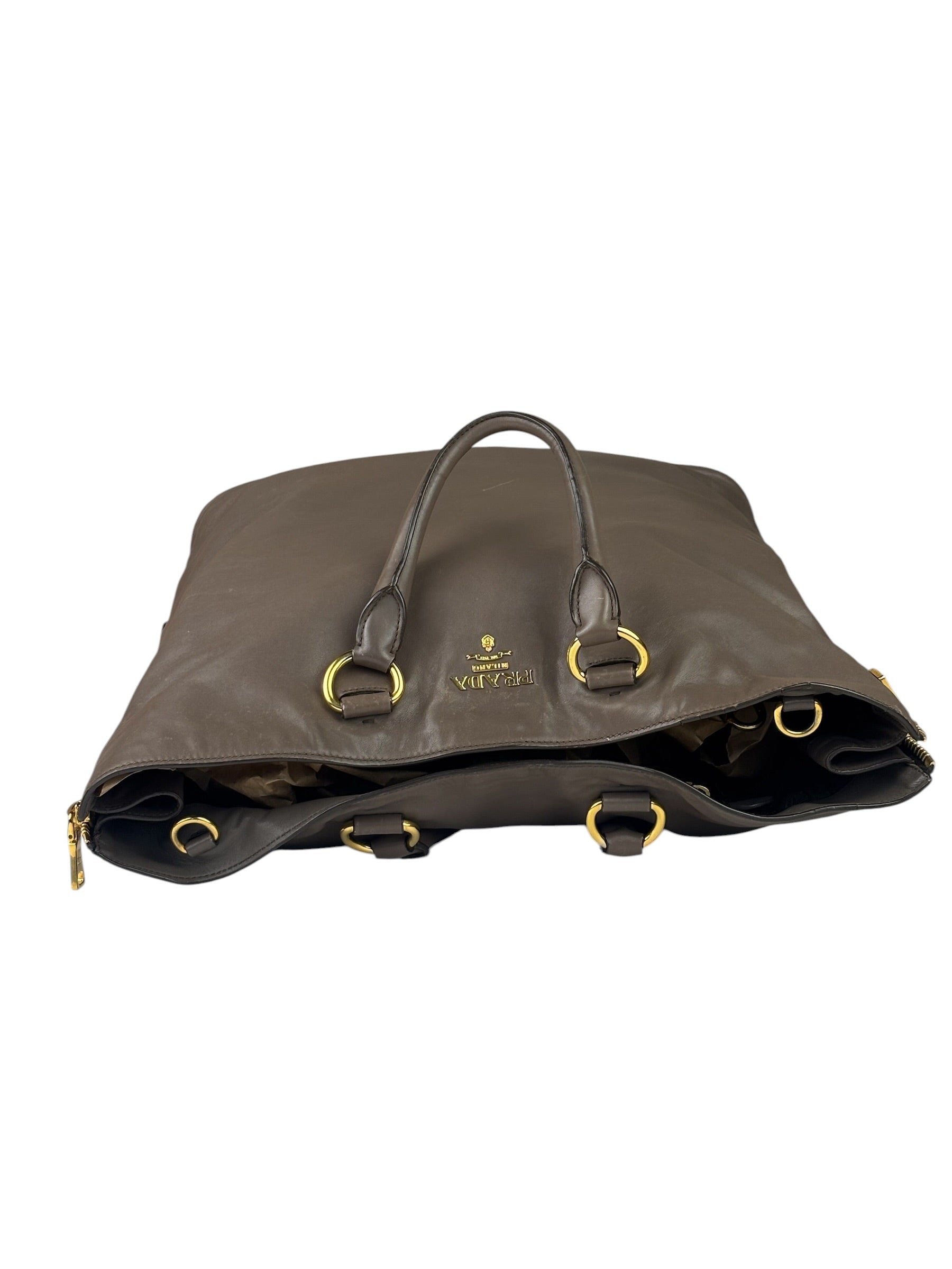 Prada Neutral Taupe Vitello Daino Leather Side Zip Large Shopper Tote