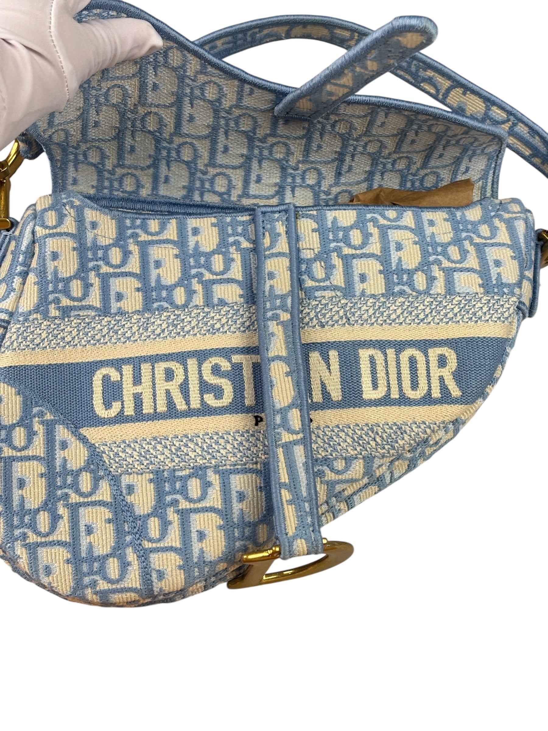 Christian Dior Blue/White Oblique Embroidered Saddle Bag