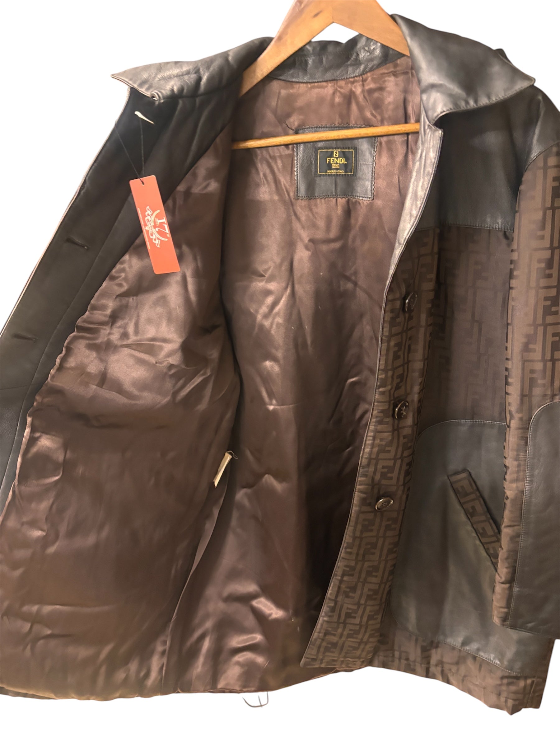 Fendi Brown Leather Trim Zucca Hooded Jacket