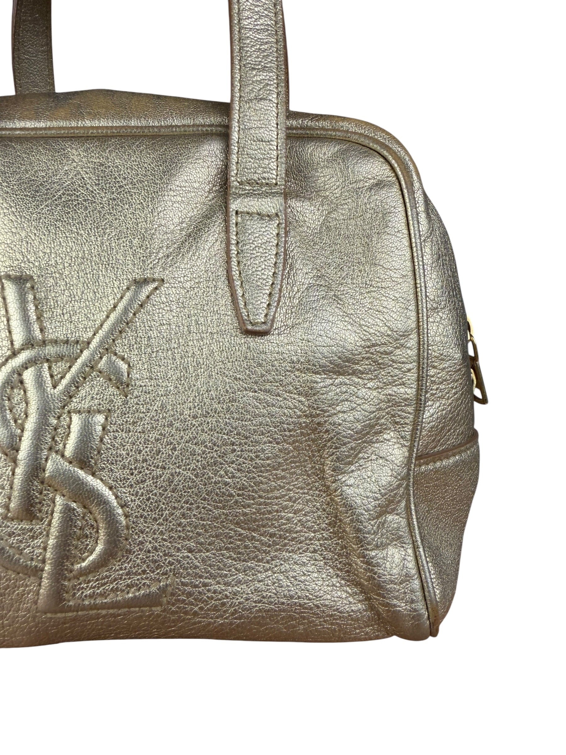 Yves Saint Laurent Gold Leather Embossed YSL Logo Handbag