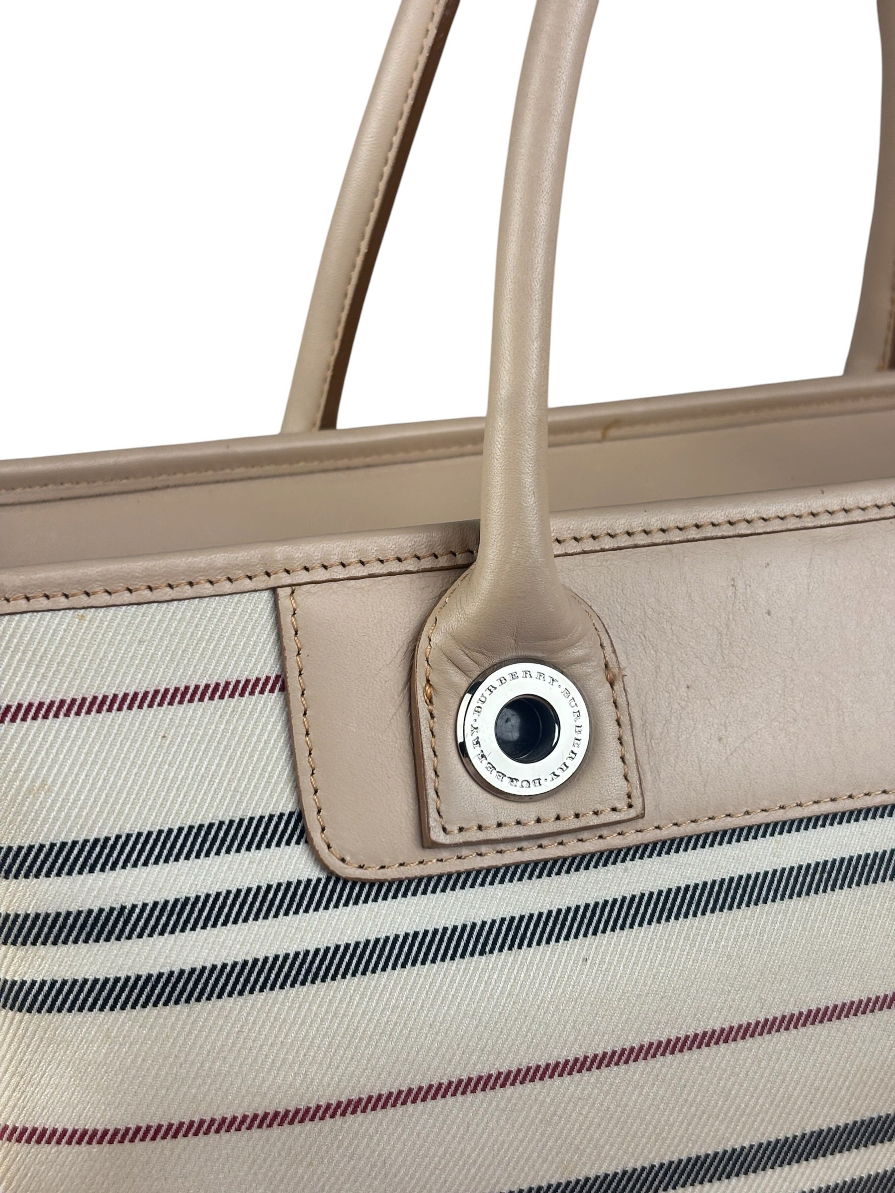 Burberry Multi-Color Leather Trim Striped Canvas Tote Bag