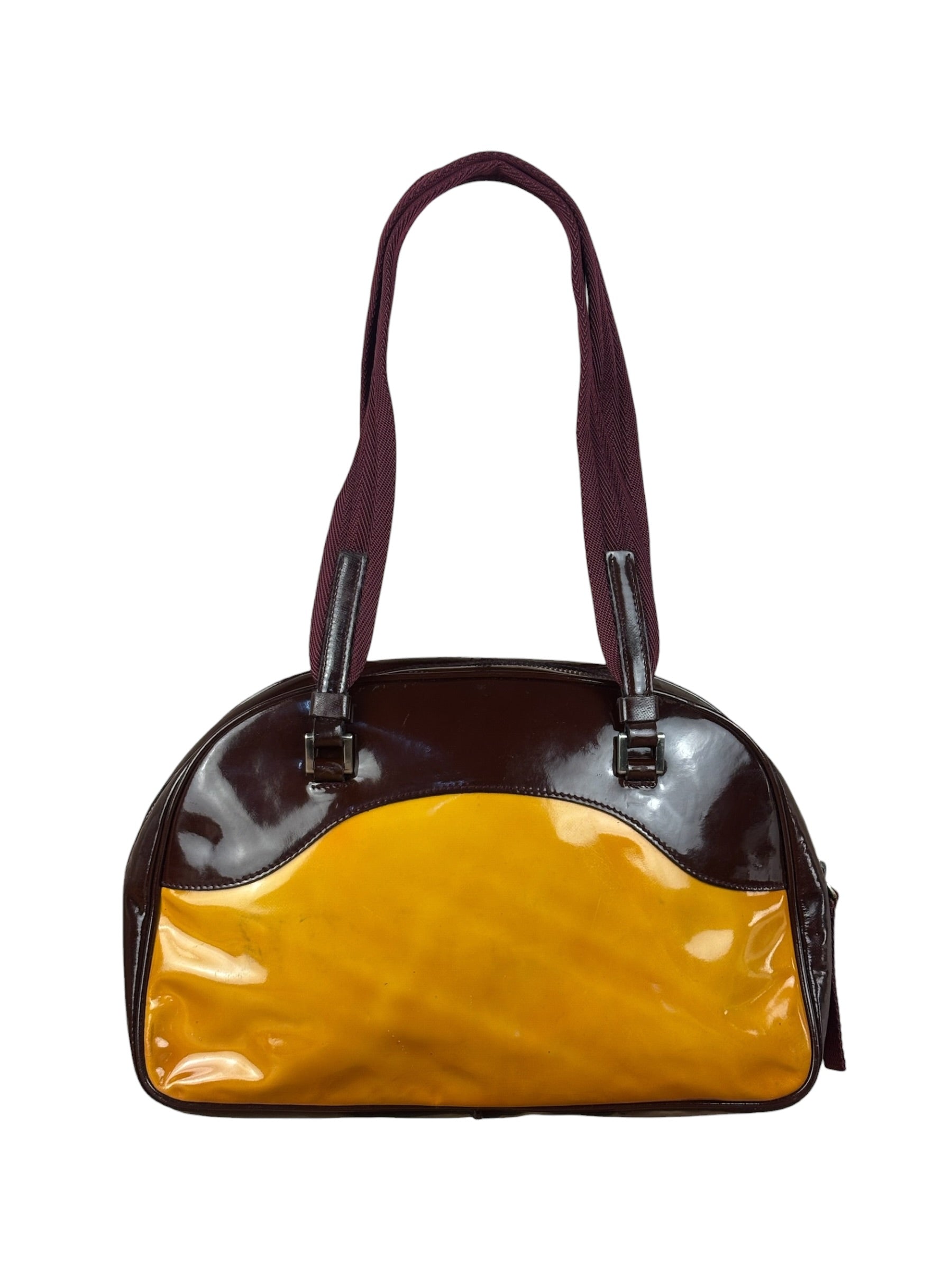 Prada Vintage Yellow/Burgundy Patent Leather Bowler Shoulder Bag