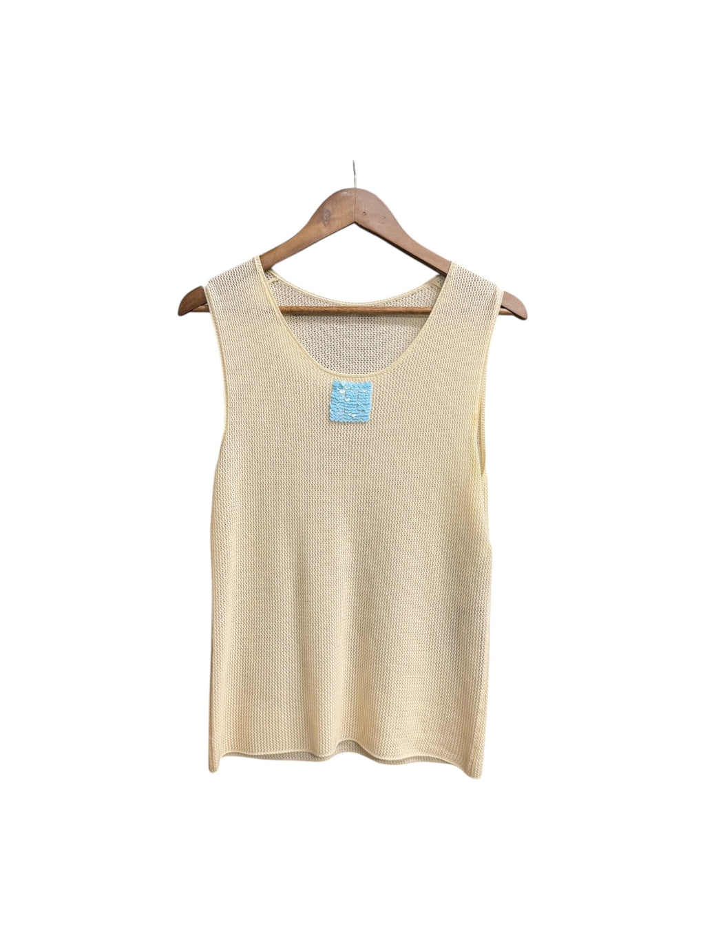 Chanel Cream Open-Knit Cashmere Blue Square Sequin Tank Top