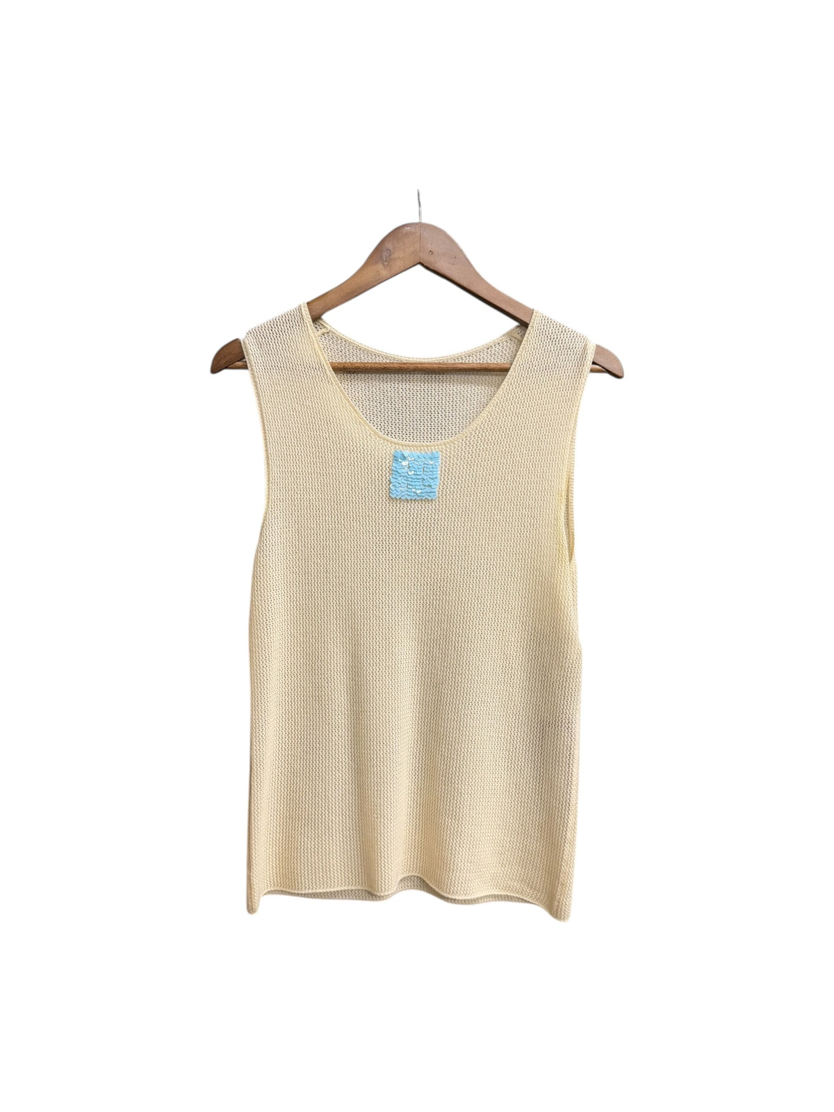 Chanel Cream Open-Knit Cashmere Blue Square Sequin Tank Top