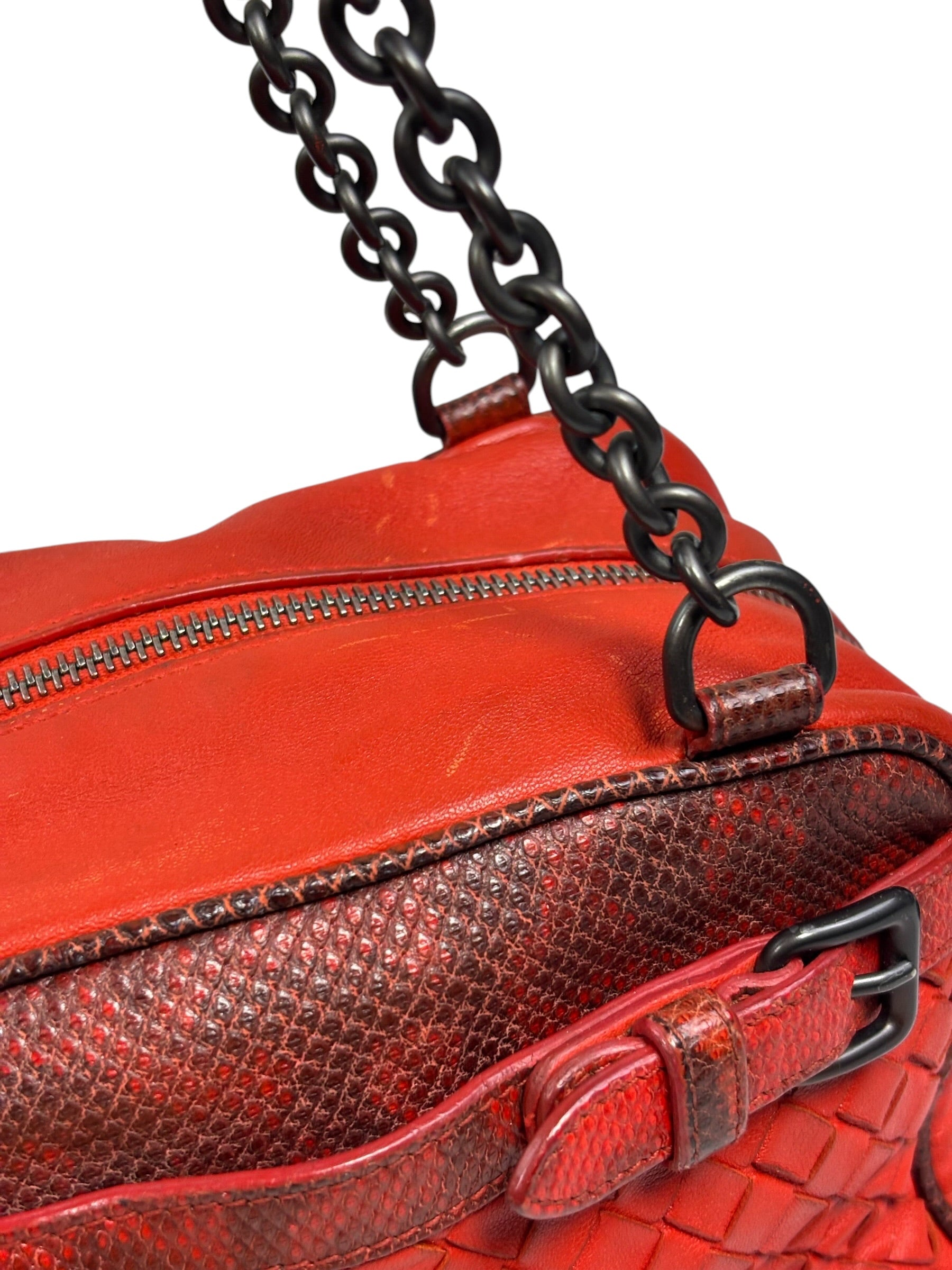 Bottega Veneta Red Lambskin/Lizard Intrecciato Shoulder Bag