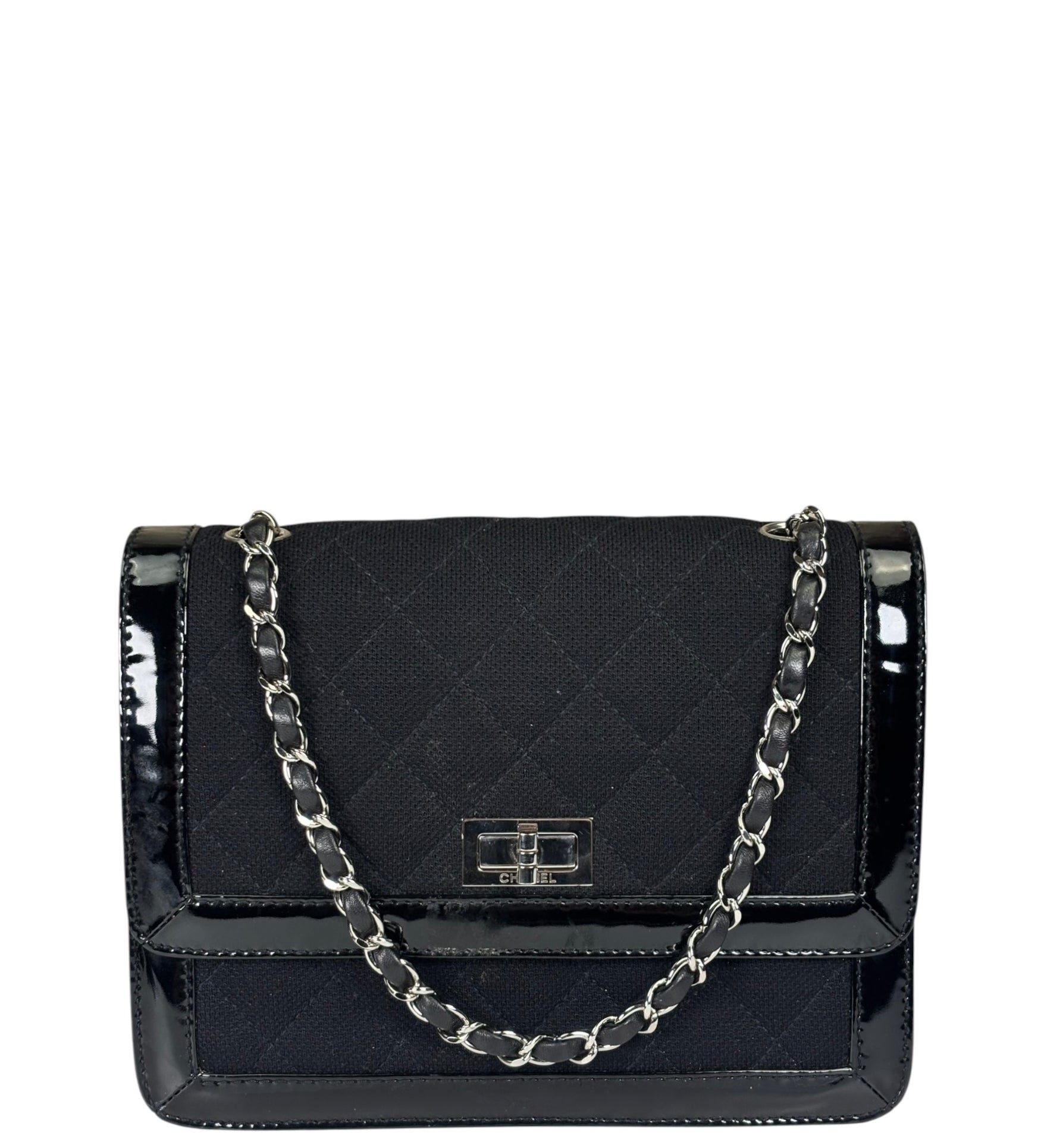 Chanel Black Patent Leather Trim/Cotton 2.55 Reissue Flap Bag 2000