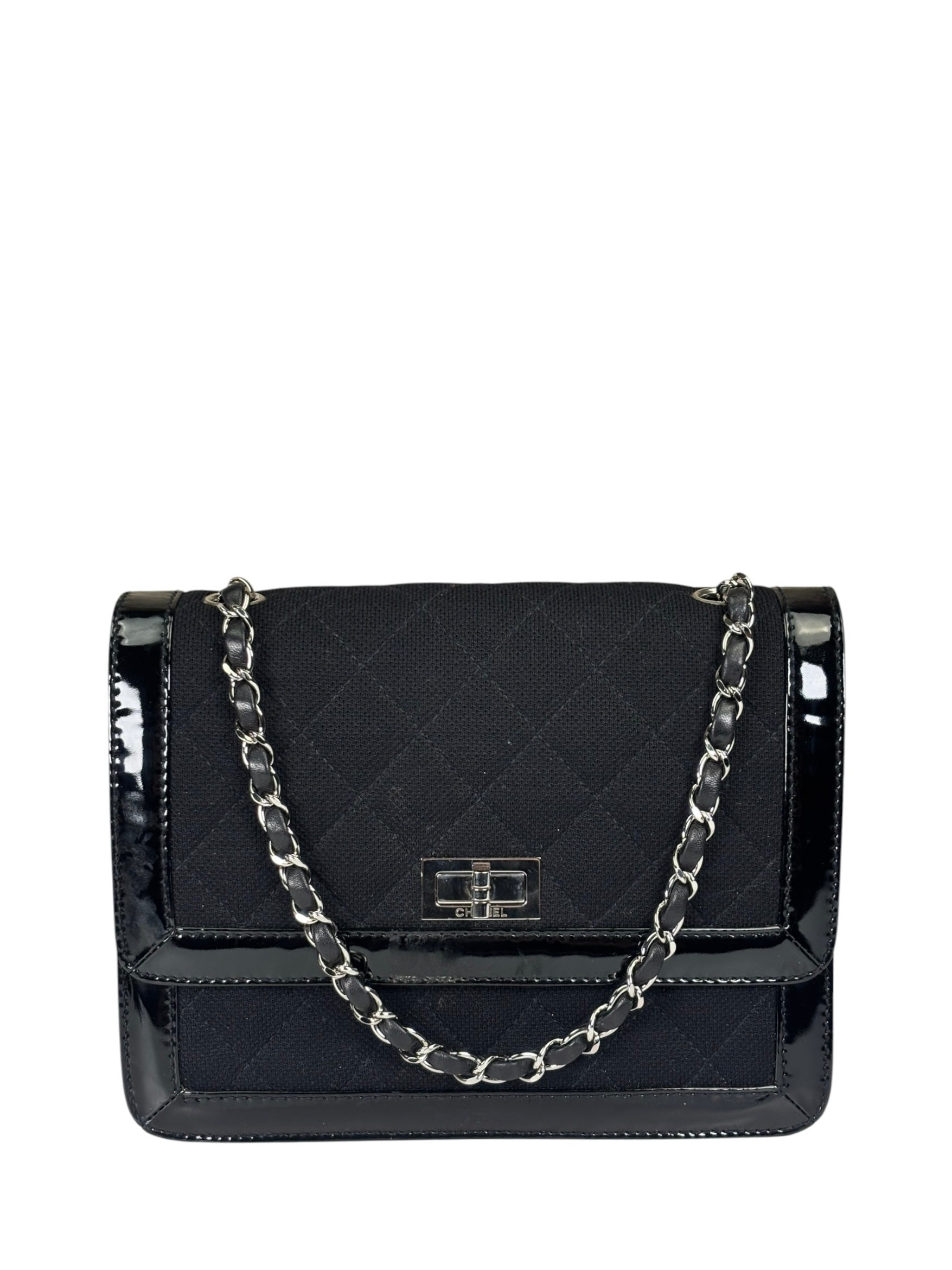Chanel Black Patent Leather Trim/Cotton 2.55 Reissue Flap Bag 2000