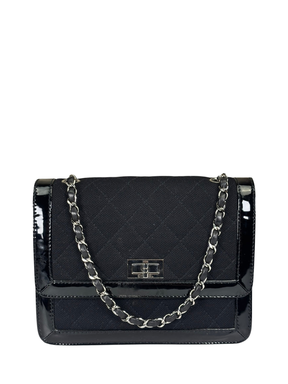 Chanel Black Patent Leather Trim/Cotton 2.55 Reissue Flap Bag 2000