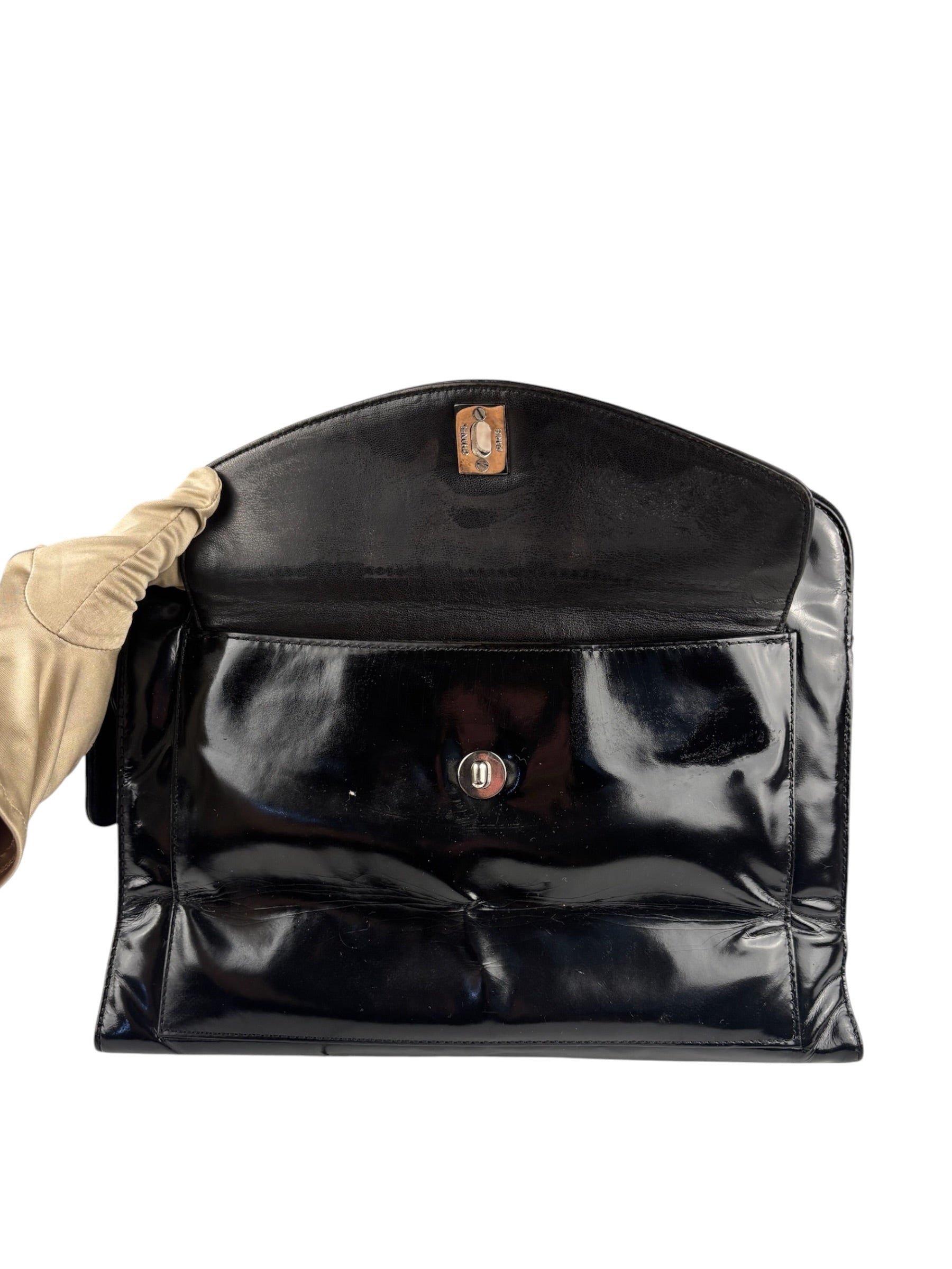 Chanel Vintage Black Patent Leather Envelope Chain Shoulder Bag 1998